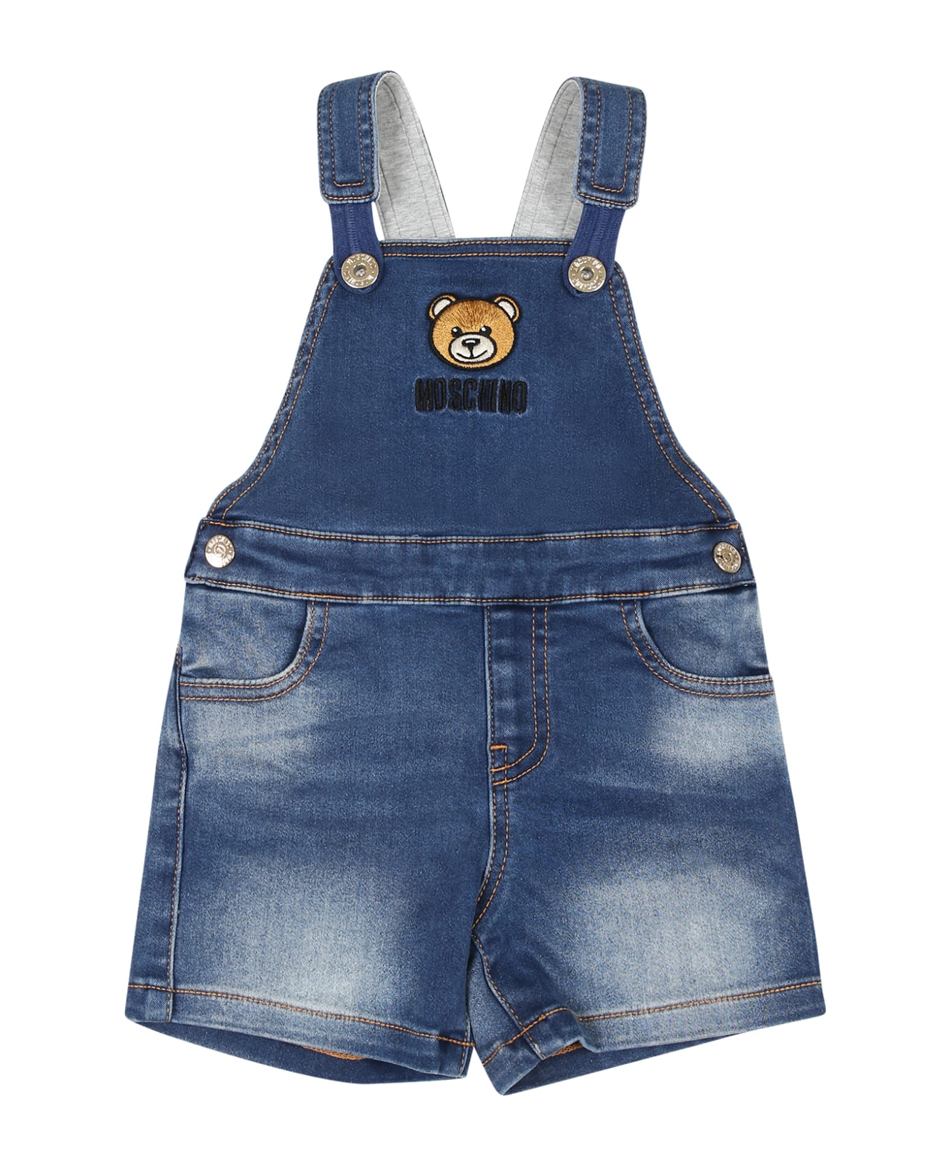 Moschino Blue Dungarees For Babykids With Teddy Bear And Logo - Denim