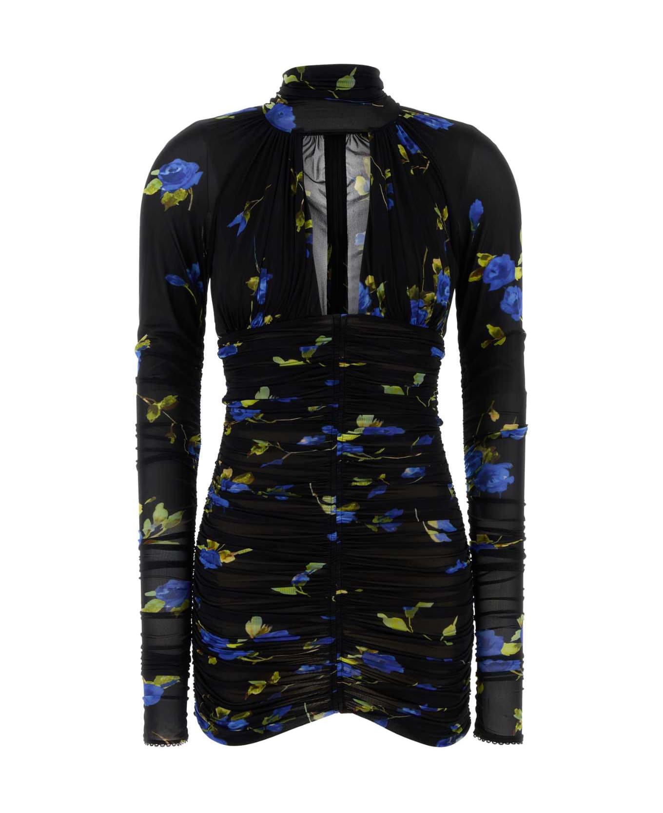 Blumarine Printed Jersey Mini Dress - BLACK\BRILLIANT BLUE