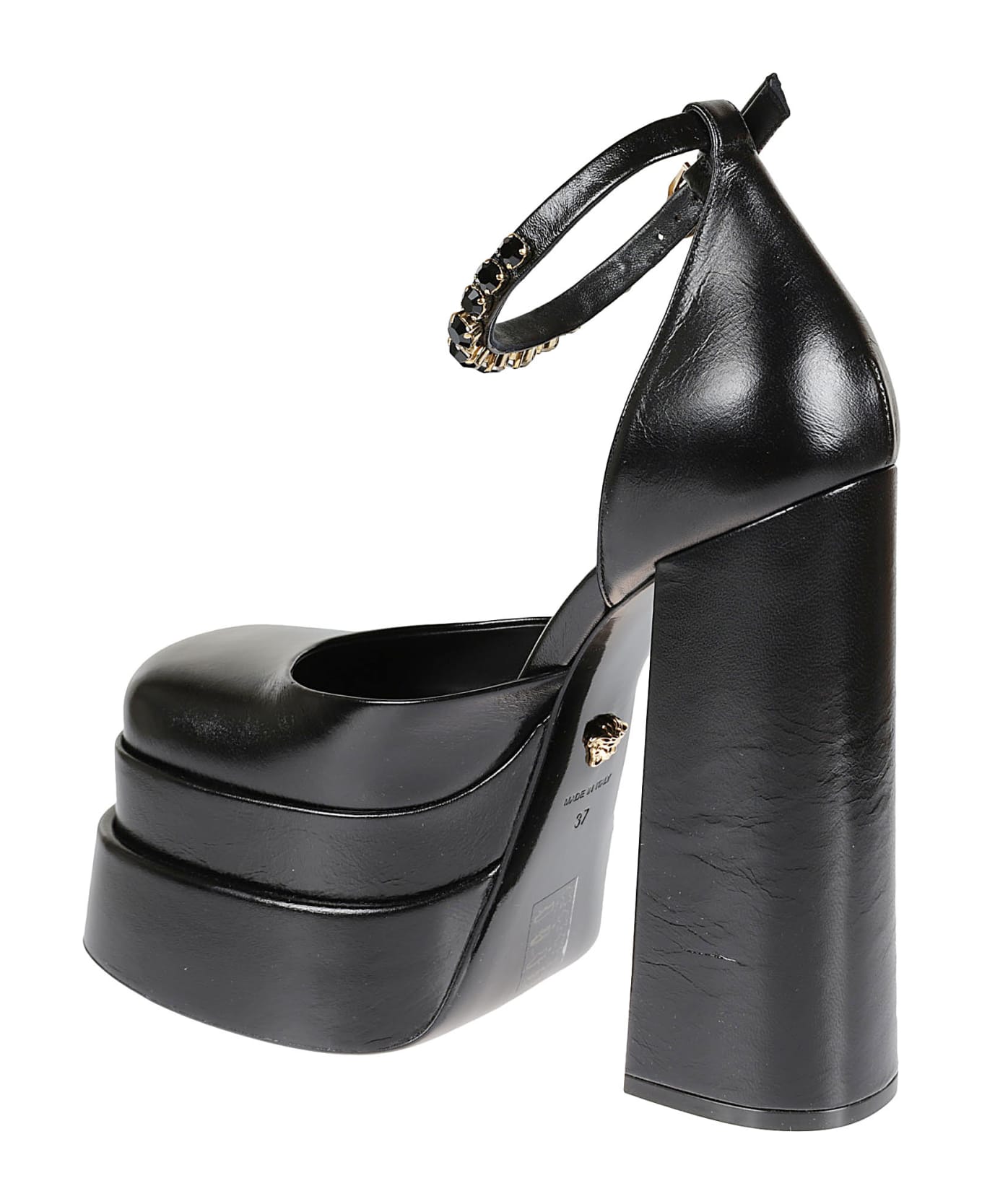 Versace Crystal Embellished Block Heel Wedge Sandals - black
