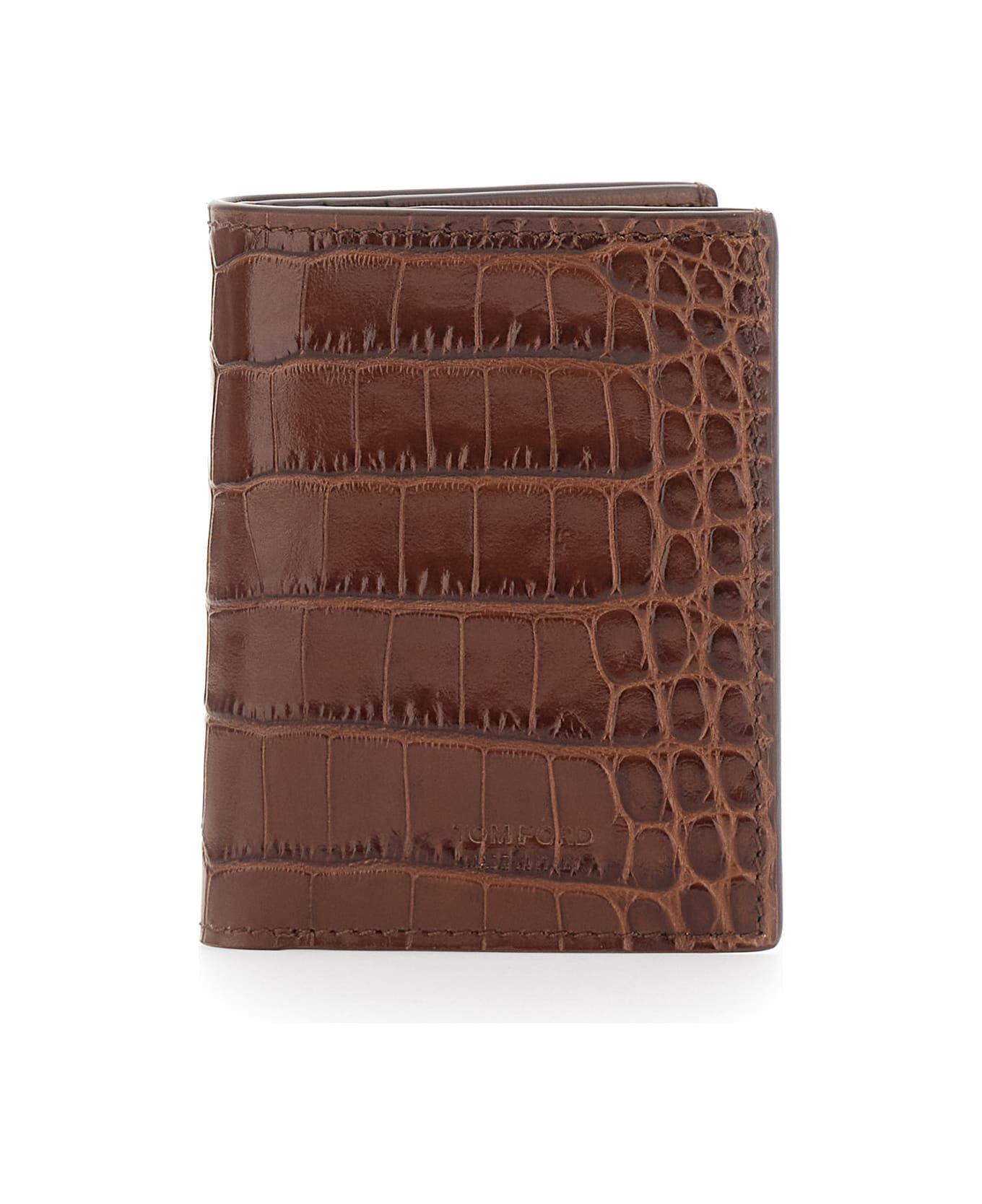 Tom Ford Brown Folded Card Holder With Embossed Crocodile Effect In Leather Man - Brown
