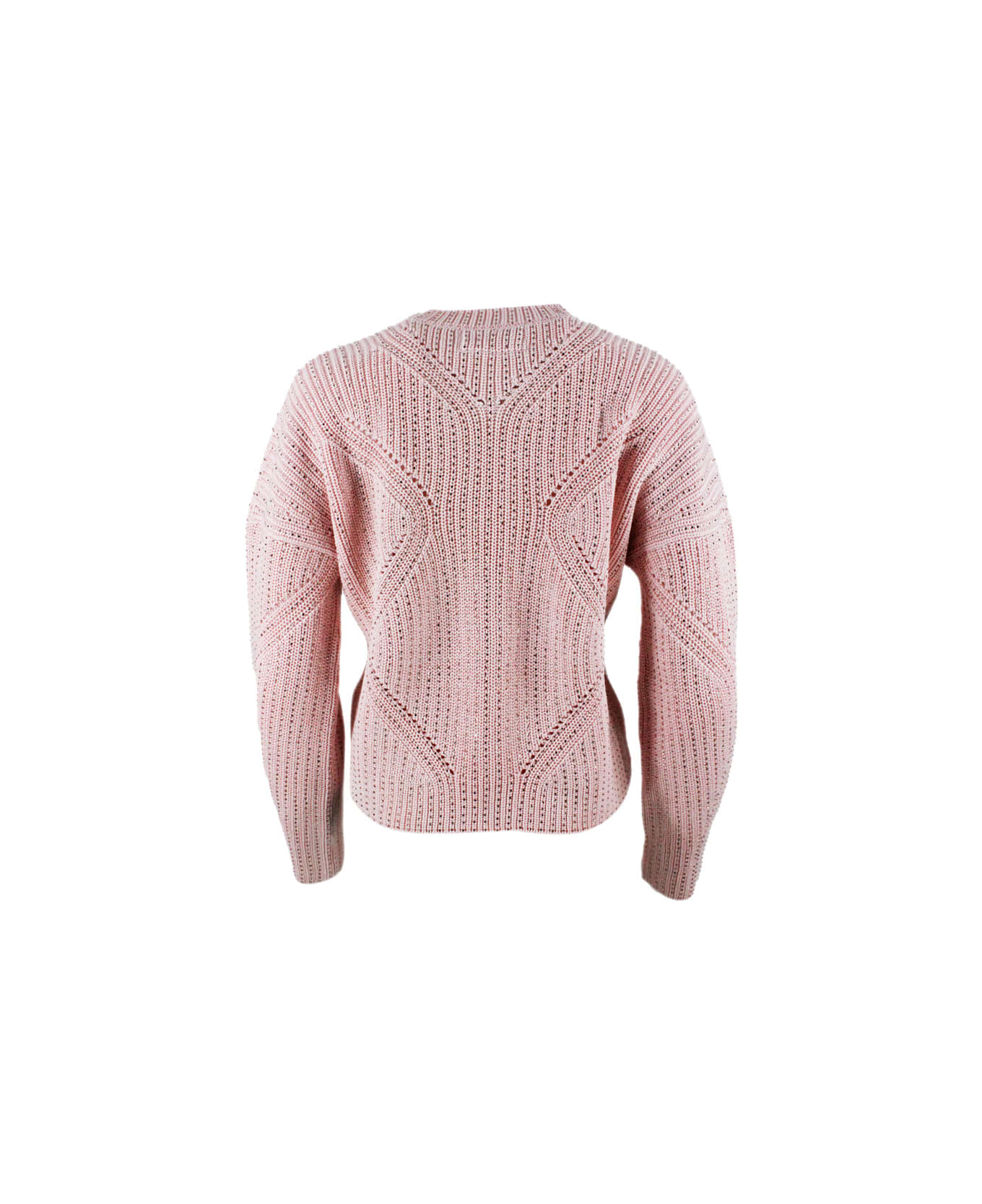 Ermanno Scervino Long-sleeved Crew Neck Sweater In Cotton With Crystals - Pink