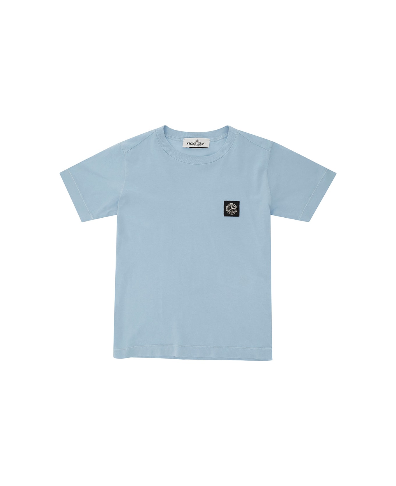 Stone Island Junior Light Blue Crewneck T-shirt With Logo Patch In Cotton Boy - Light blue