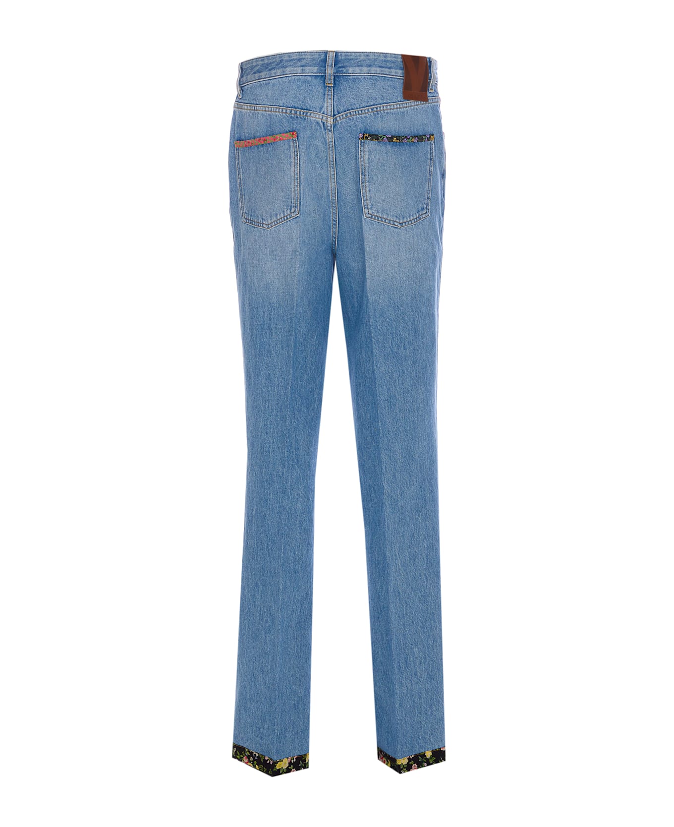 Valentino Garavani Floral Print Hem Denim Trousers - Blue