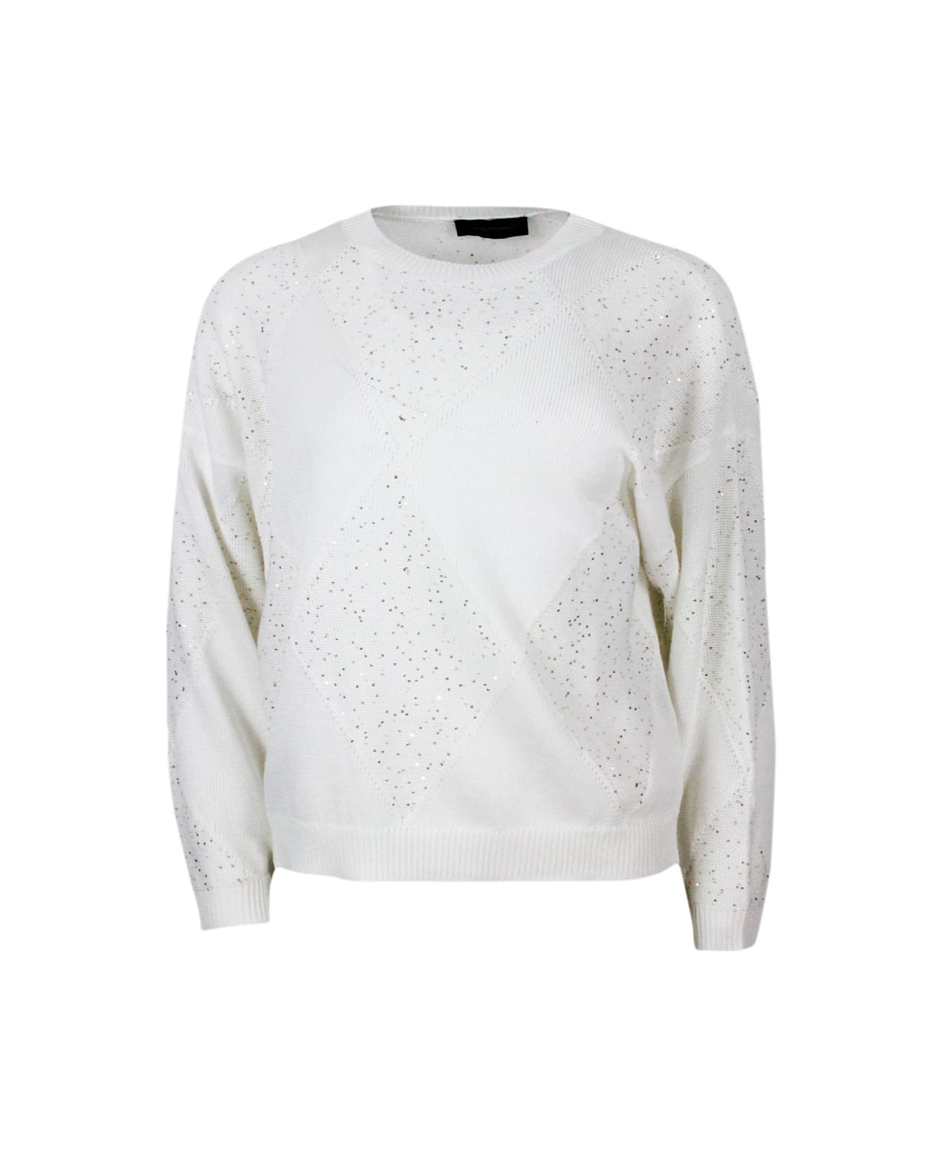 Lorena Antoniazzi Long-sleeved Crew-neck Sweater In Cotton Thread With Diamond Pattern Embellished With Microsequins - White ニットウェア