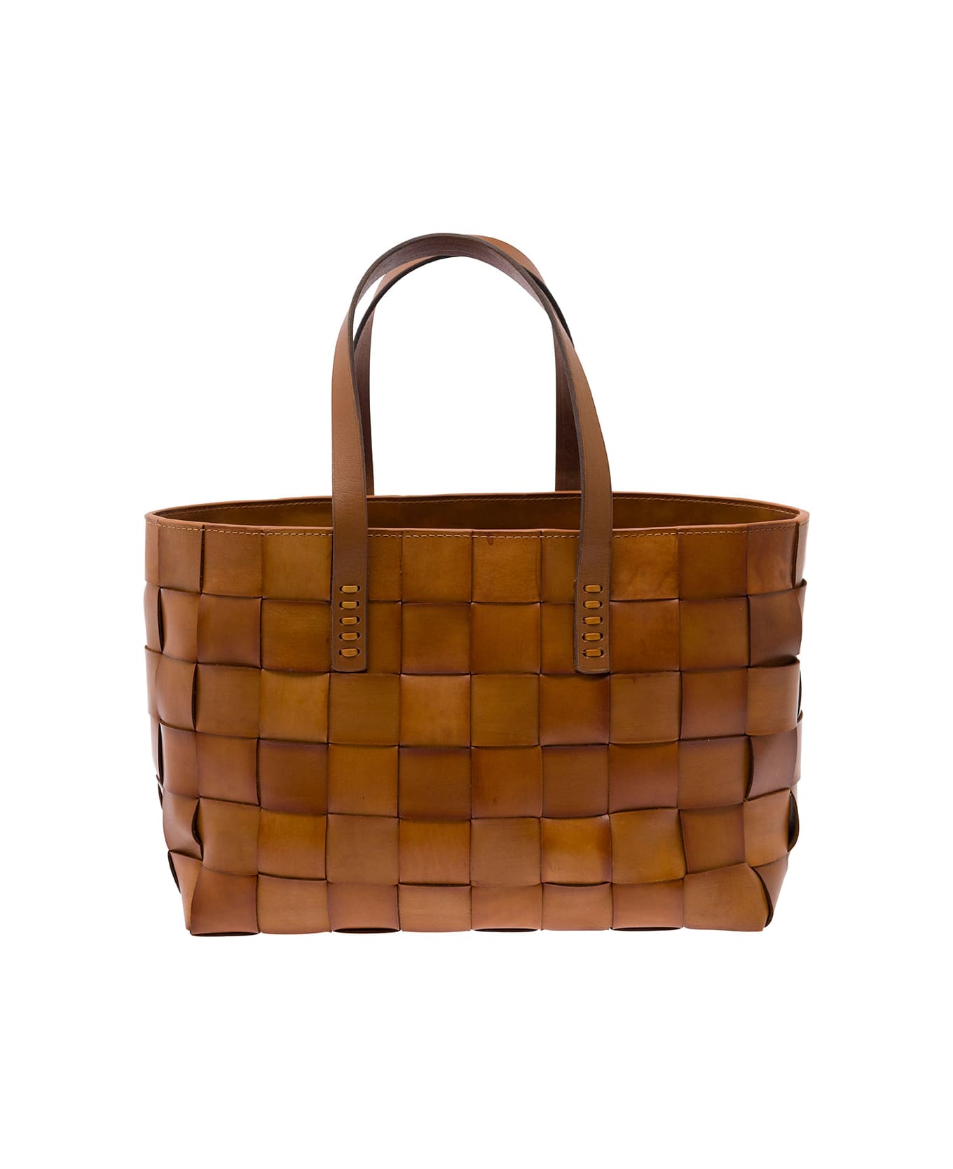 Dragon Diffusion Brown Tote Bag With Double Handle In Woven Leather - Beige