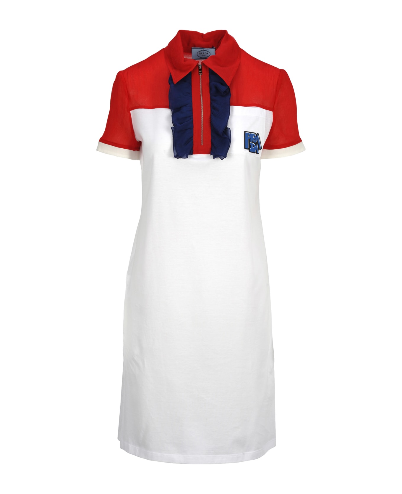 Prada Prada Ruffled Polo Shirt Style Dress - RED+WHITE+INK