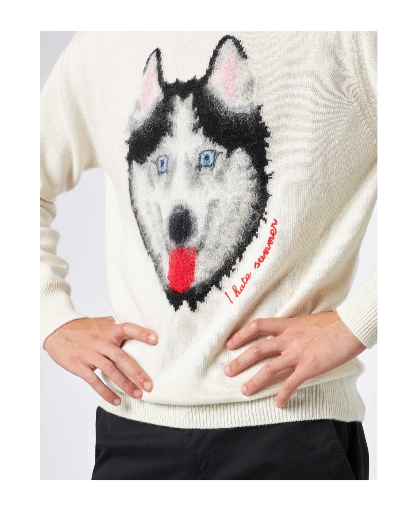 MC2 Saint Barth Man Sweater With Wolf Print And I Hate Summer Embroidery - WHITE