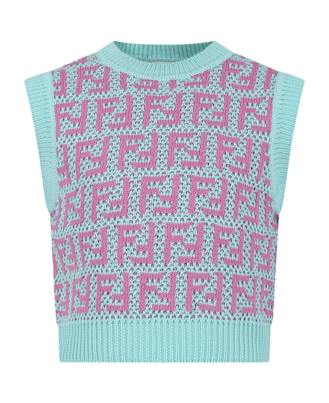 Fendi Light Blue Vest Sweater For Girl With Ff - Multicolor