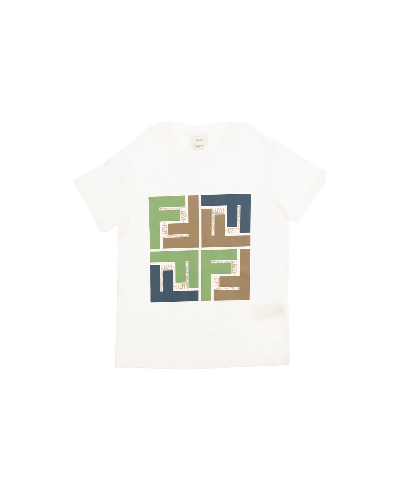 Fendi White Crewneck T-shirt With Ff Logo Print In Cotton Boy - White