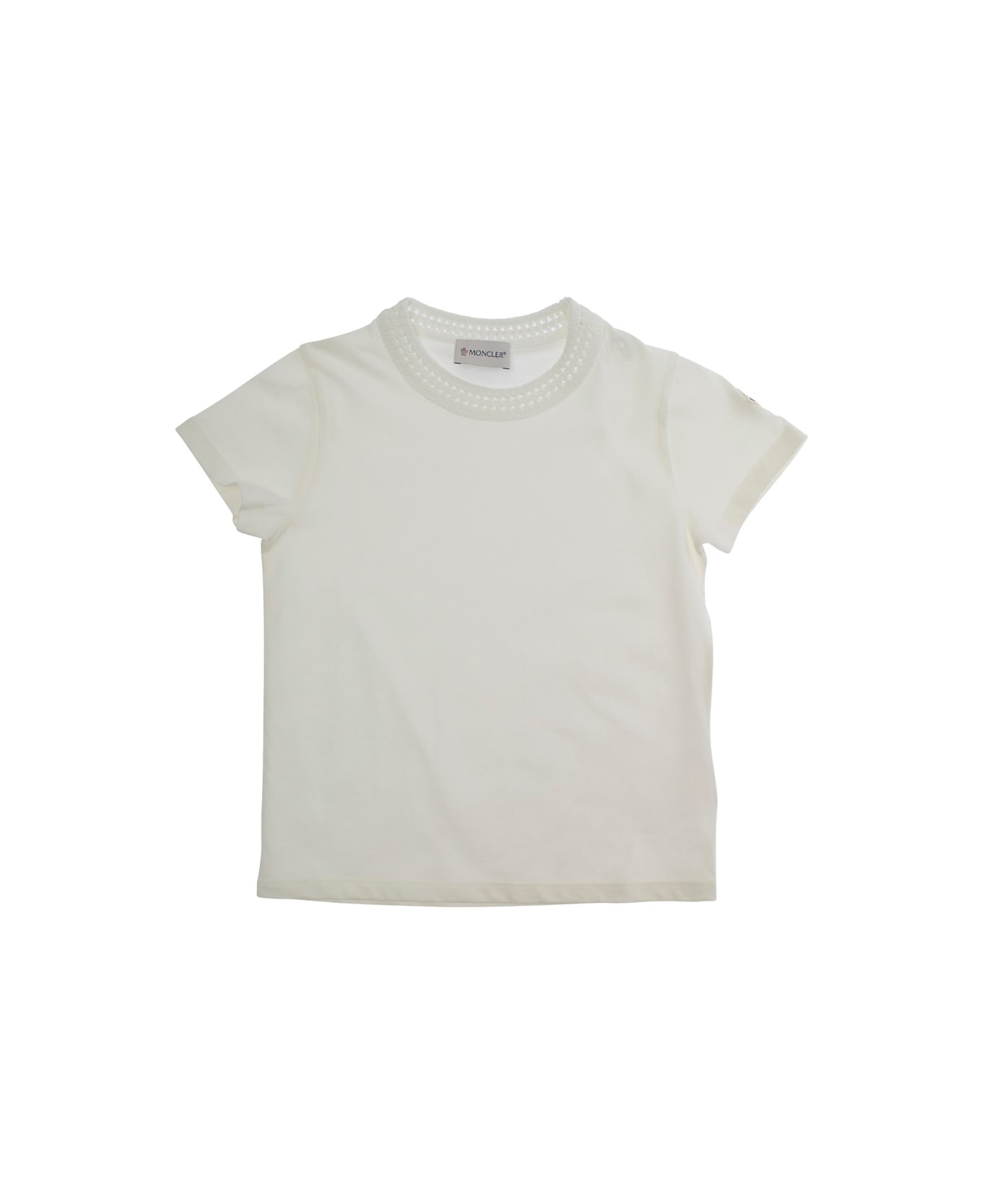 Moncler White T-shirt With Round Neck And Logo Patch On The Sleeve In Cotton Girl - White