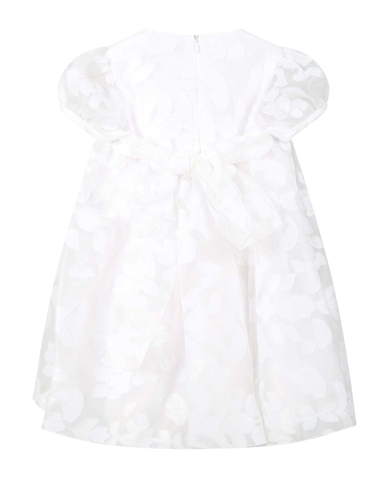 Little Bear White Dress For Baby Girl With Floral Details - White