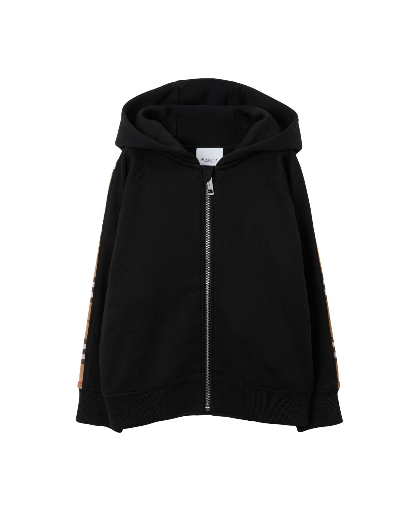 Burberry 'timmy' Black Hoodie With Vintage Check Inserts On Sleeves In Cotton Boy - Black