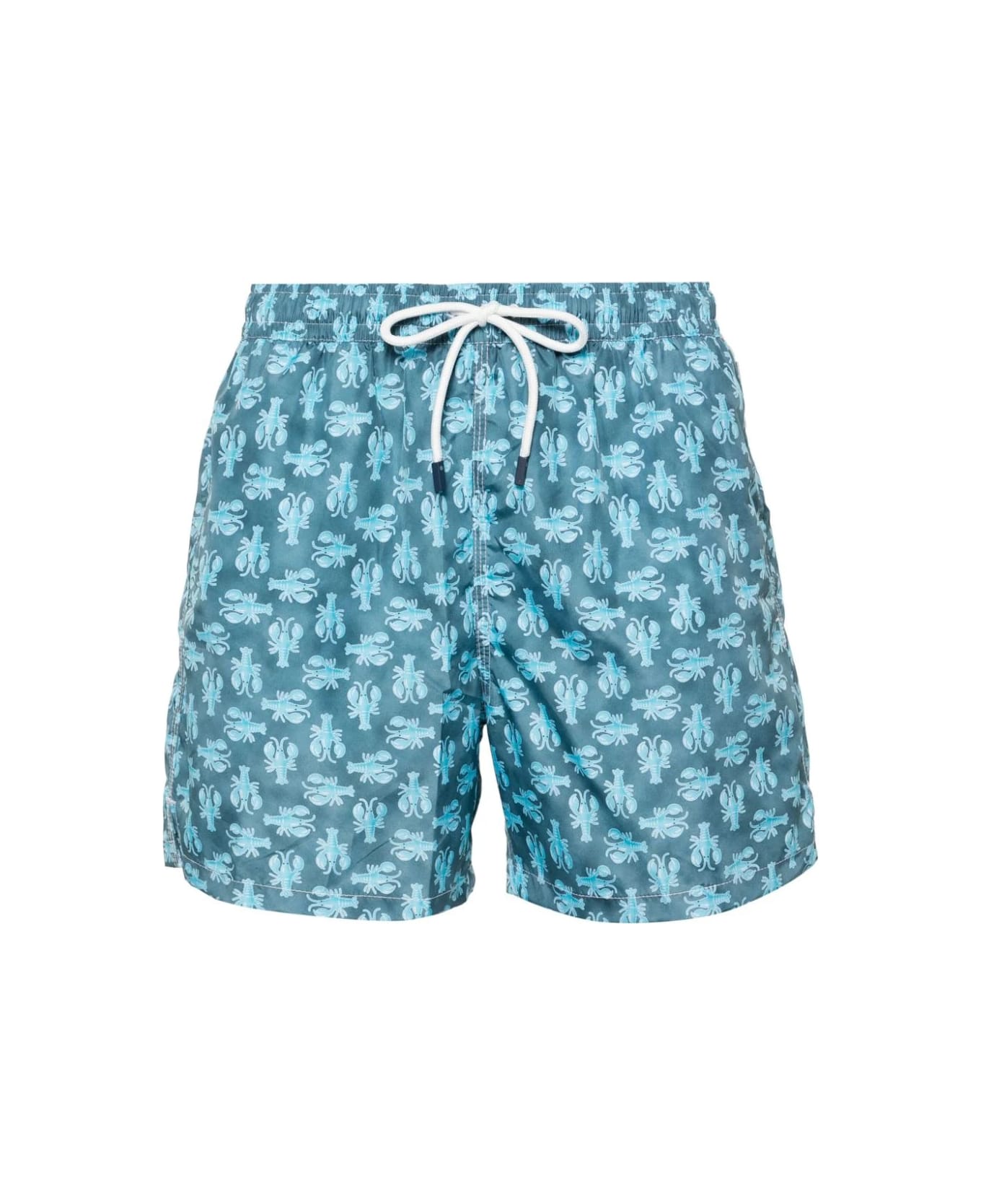 Fedeli Oil Green Swim Shorts With Lobster Pattern - Green