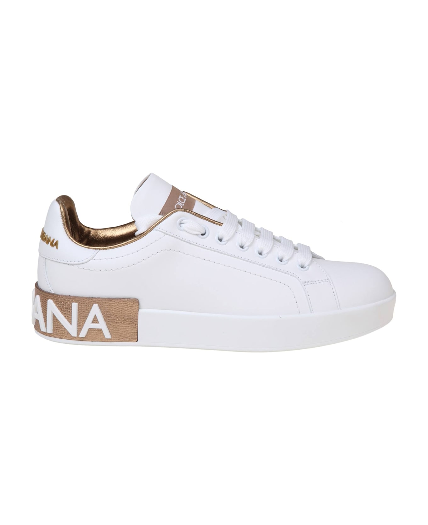 Dolce & Gabbana Portofino Sneakers In White And Gold Leather - POWDER GOLD