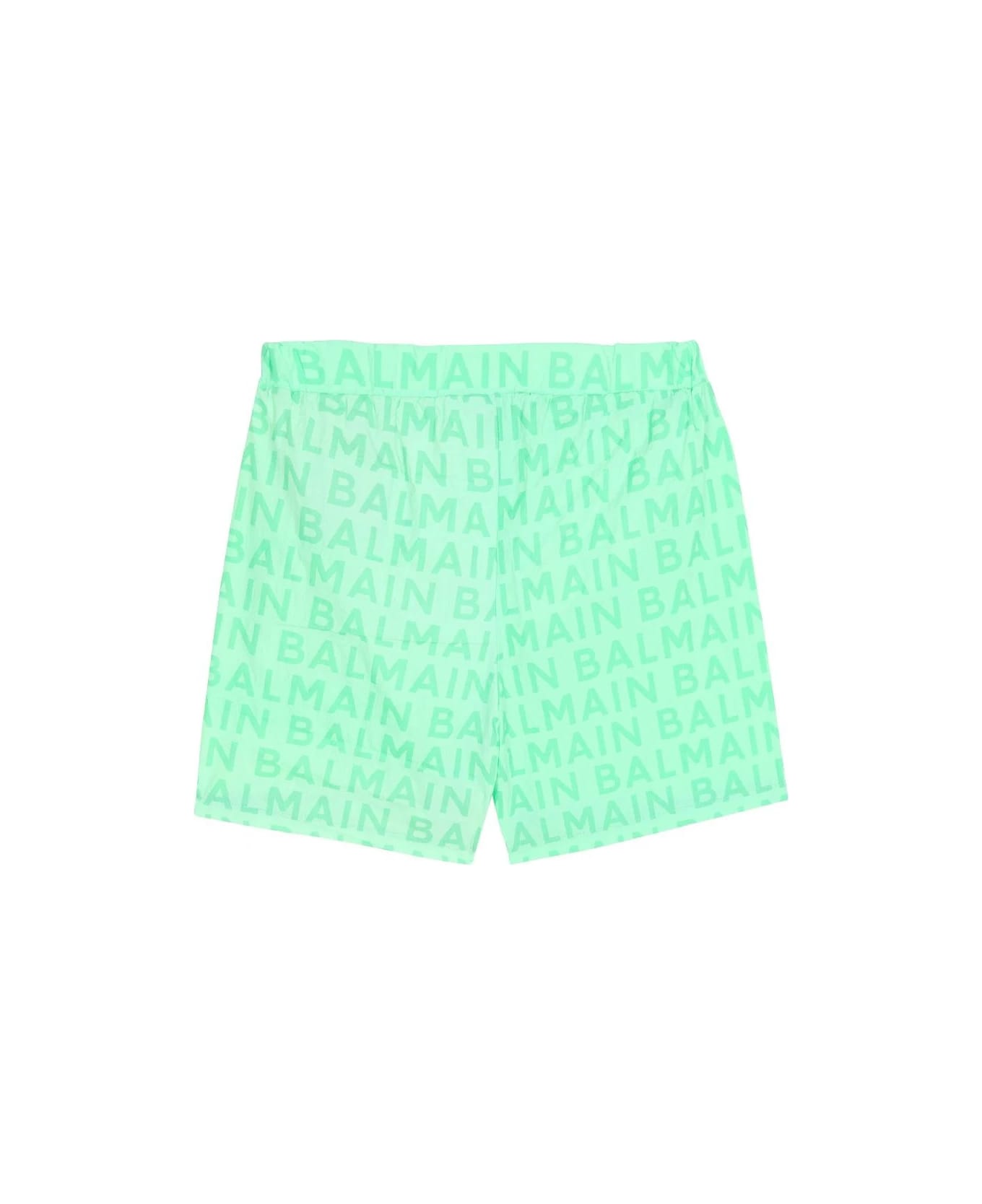 Balmain Light Green Swim Shorts With All-over Logo - Green 水着