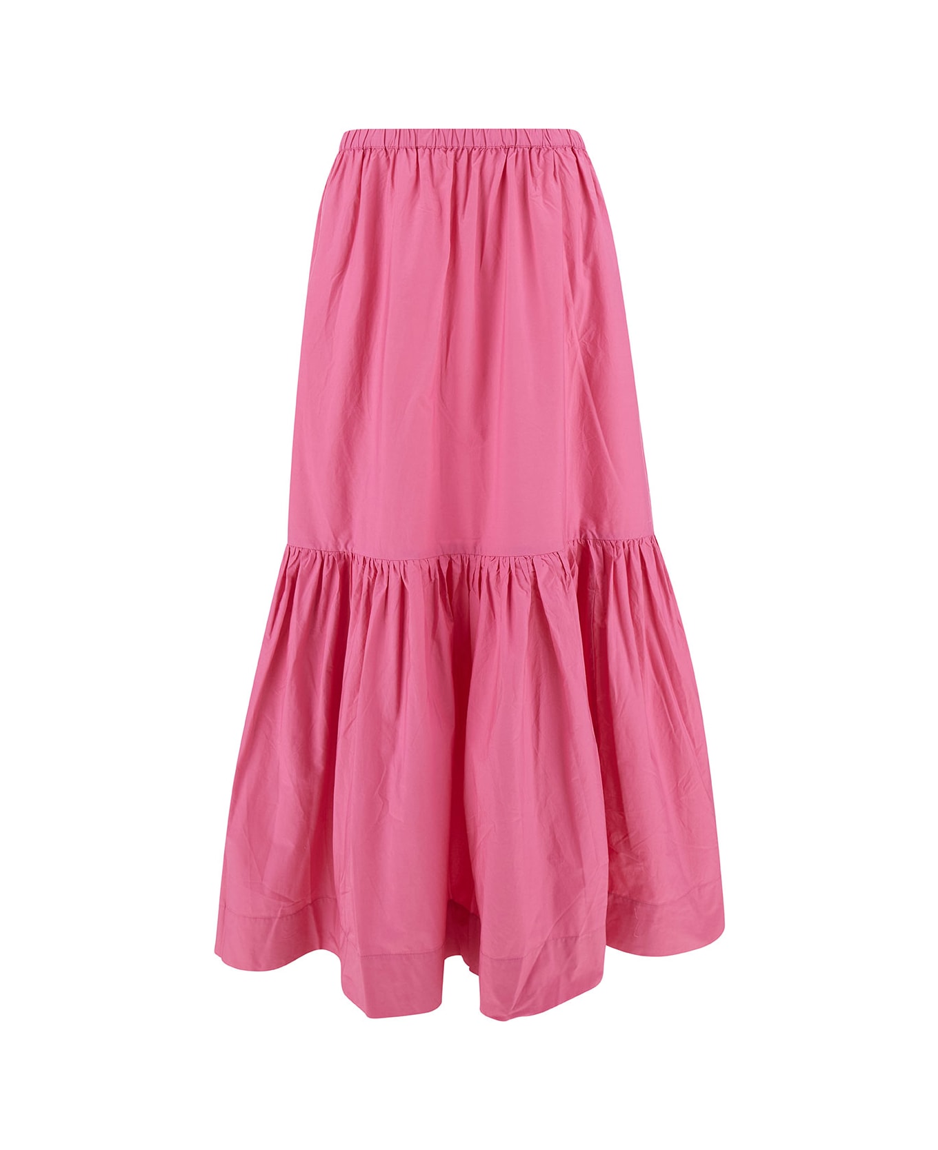 Ganni Long Pink Skirt With Flounce Detail In Cotton Woman - Pink