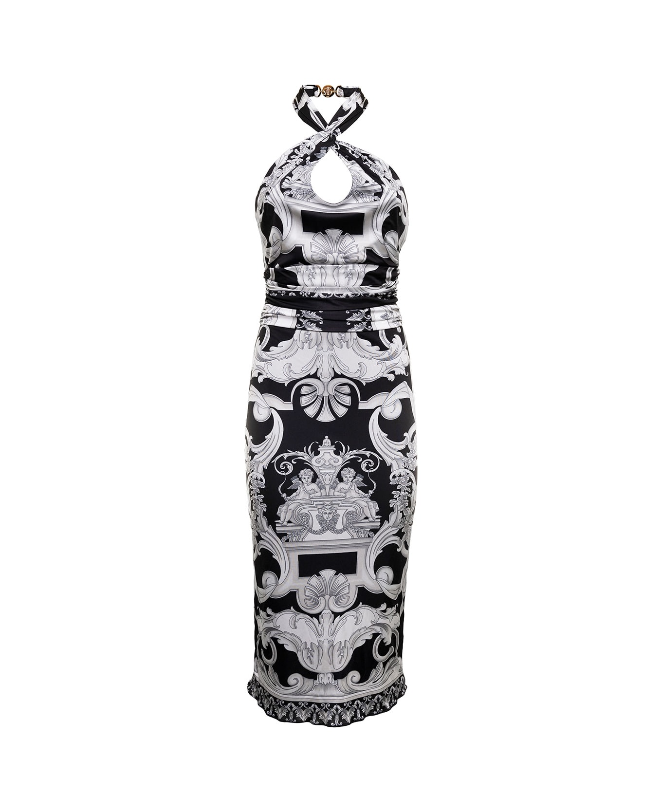 Versace Grey And Black Sheath Dress With Crisss-cross Neckline, Allover Barocco Pattern And Medusa Clasp Detailing Versace Woman - Black