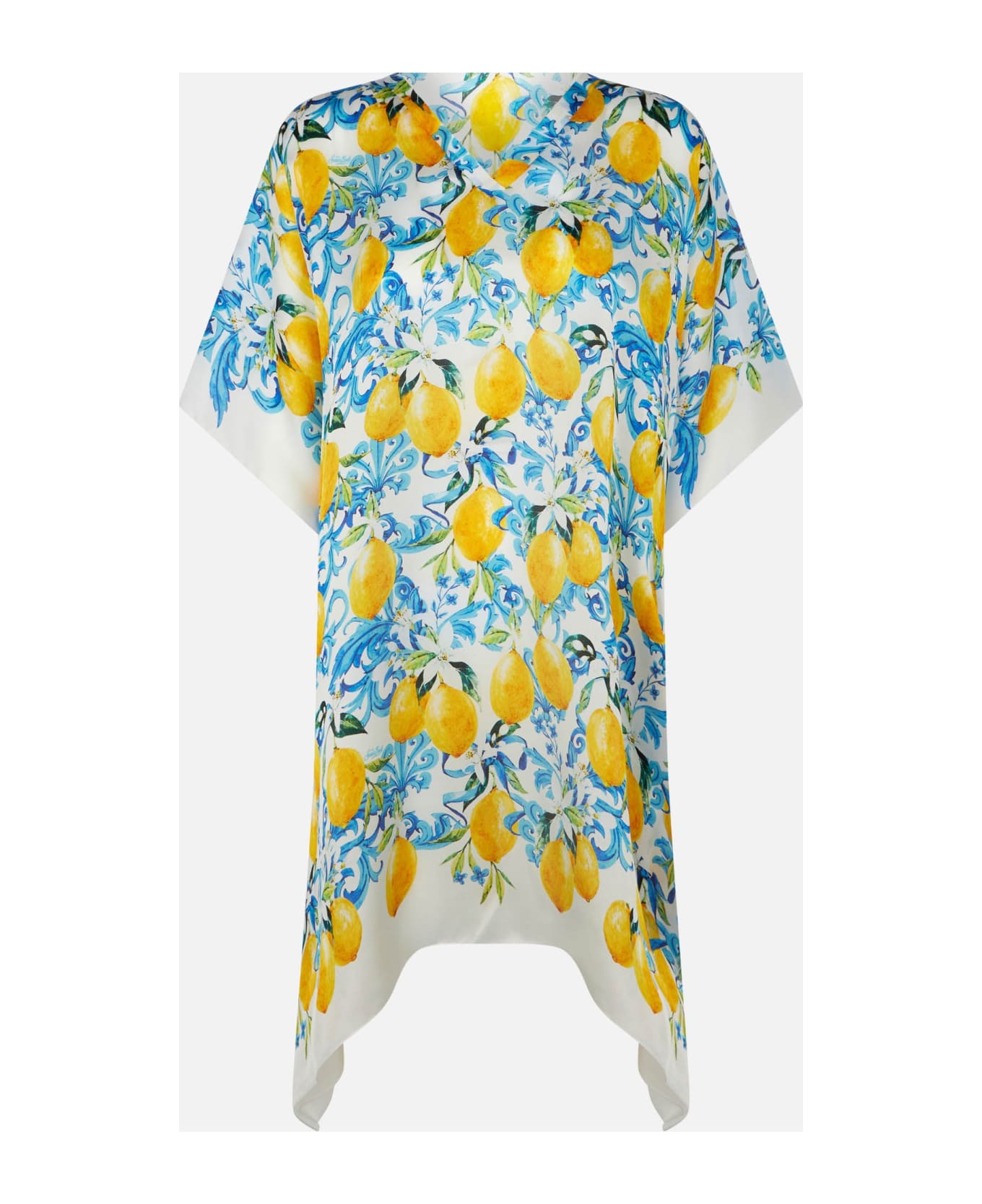 MC2 Saint Barth Lemons And Maiolica Print Silk Caftan - WHITE