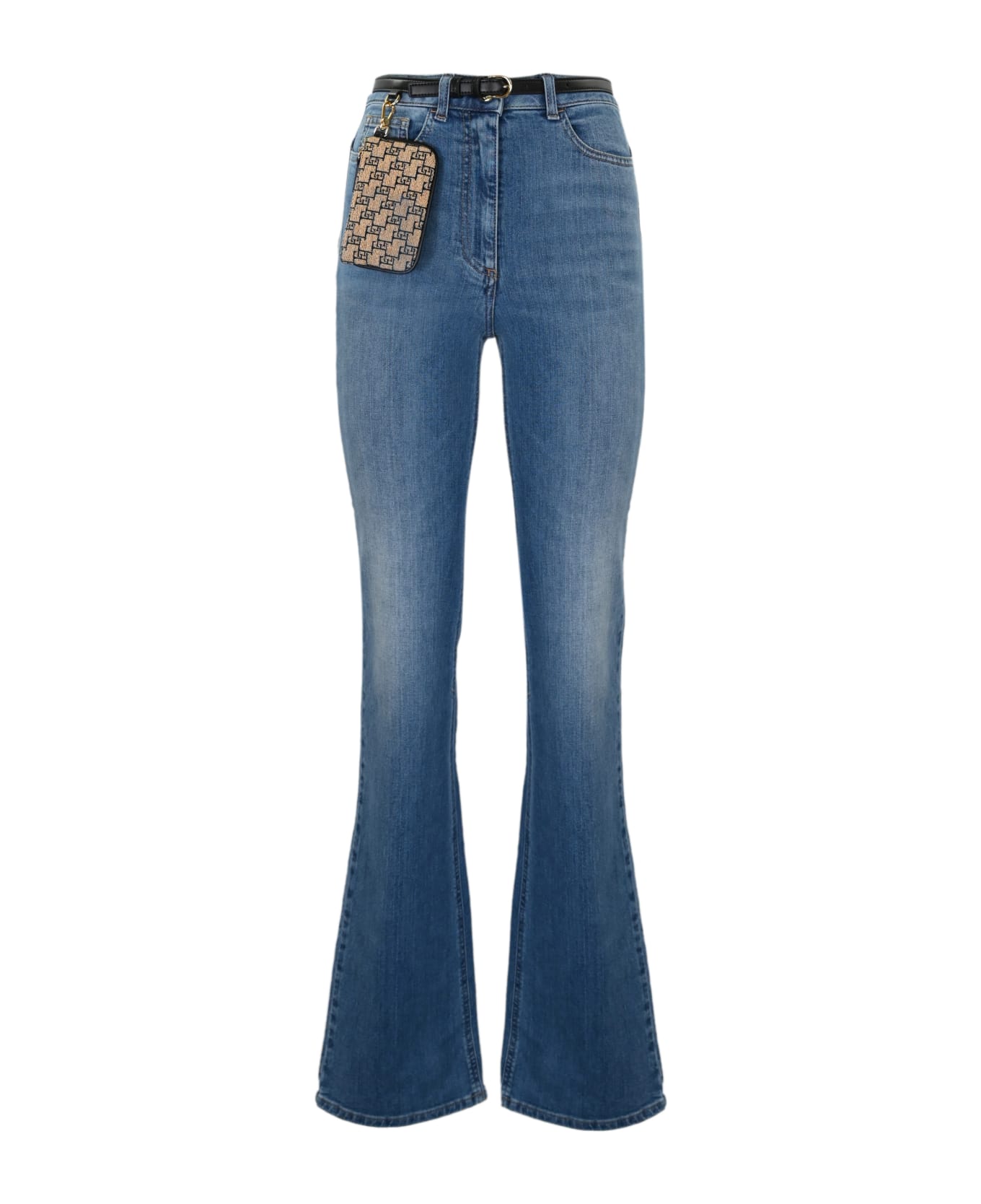 Elisabetta Franchi Flared Jeans With Belt And Clutch Bag - Light blue