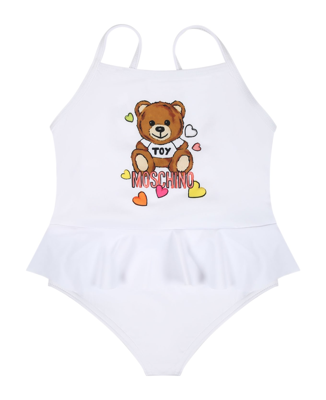 Moschino White Swimsuit For Baby Girl With Teddy Bear And Logo - White 水着