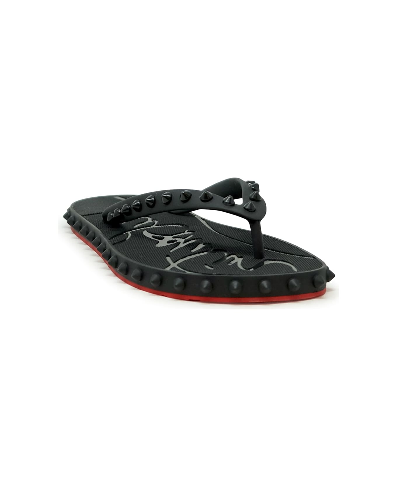 Christian Louboutin Black Rubber Super Loubi Flat Flip Thongs - BLACK
