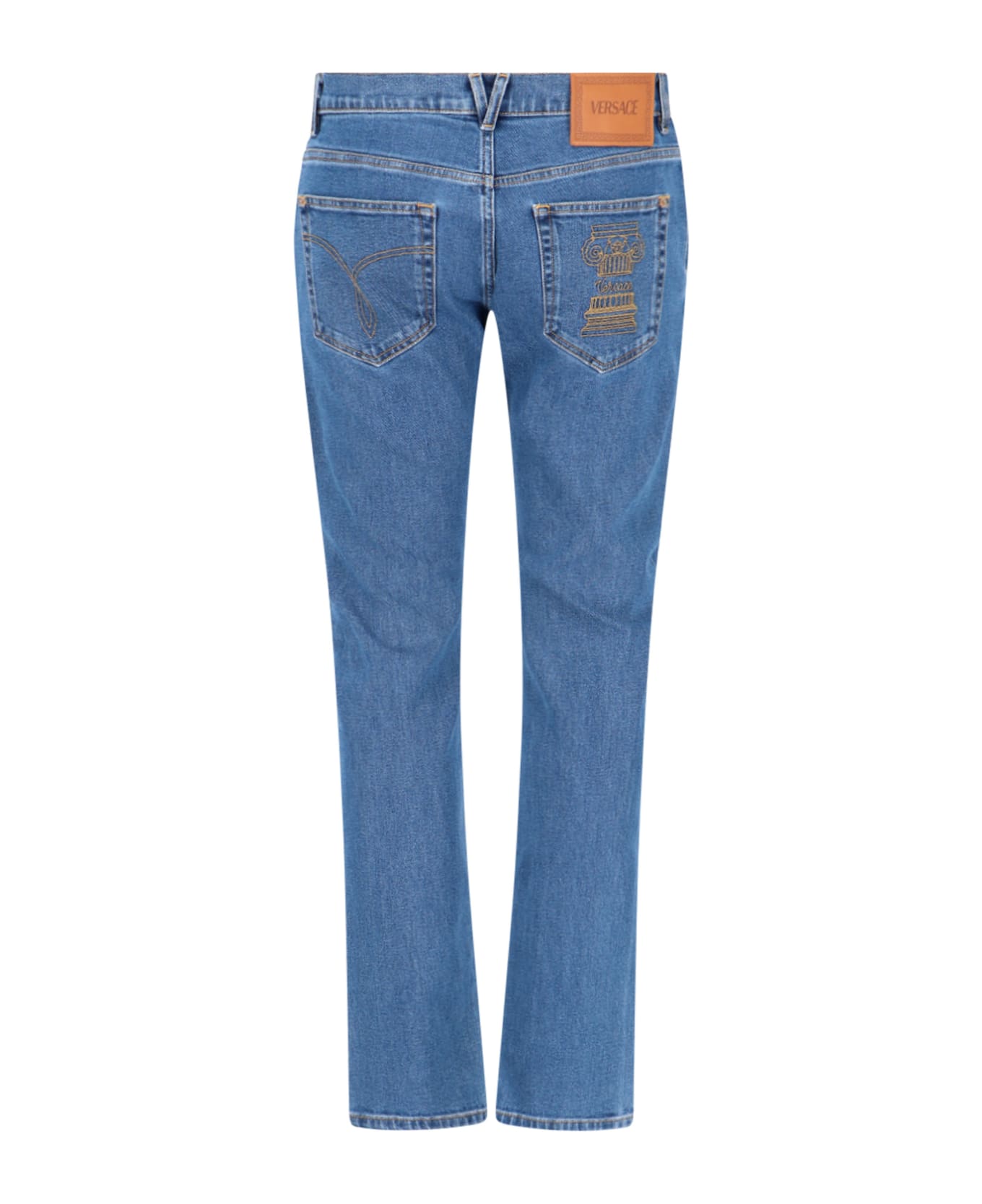Versace Blue Fitted Jeans With Logo Embroidered And Botton In Cotton Blend Denim Woman - Blue デニム