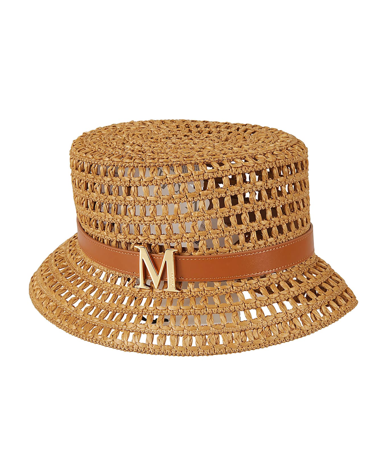 Max Mara Logo Plaque Perforated Woven Hat - BROWN