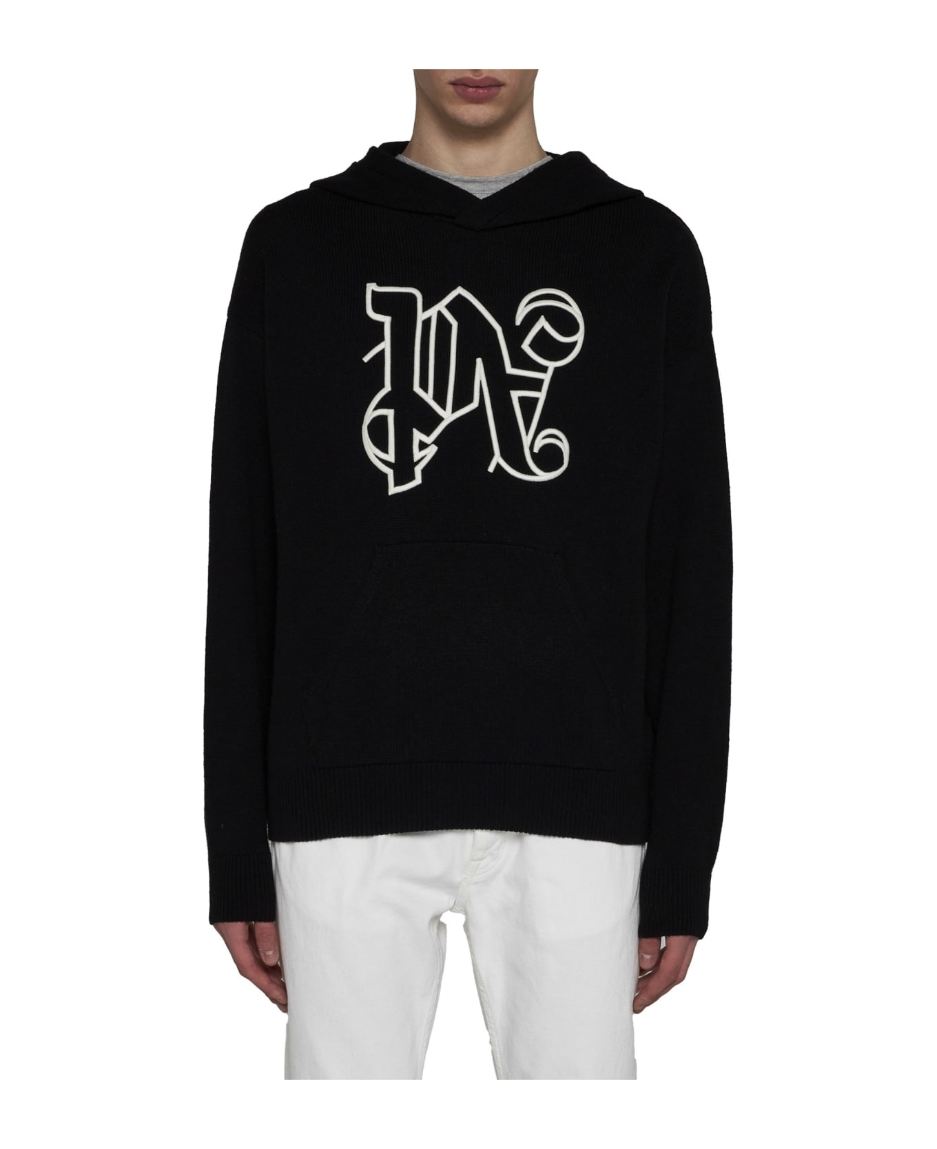 Palm Angels Monogram Wool-blend Hooded Sweater - Black off white