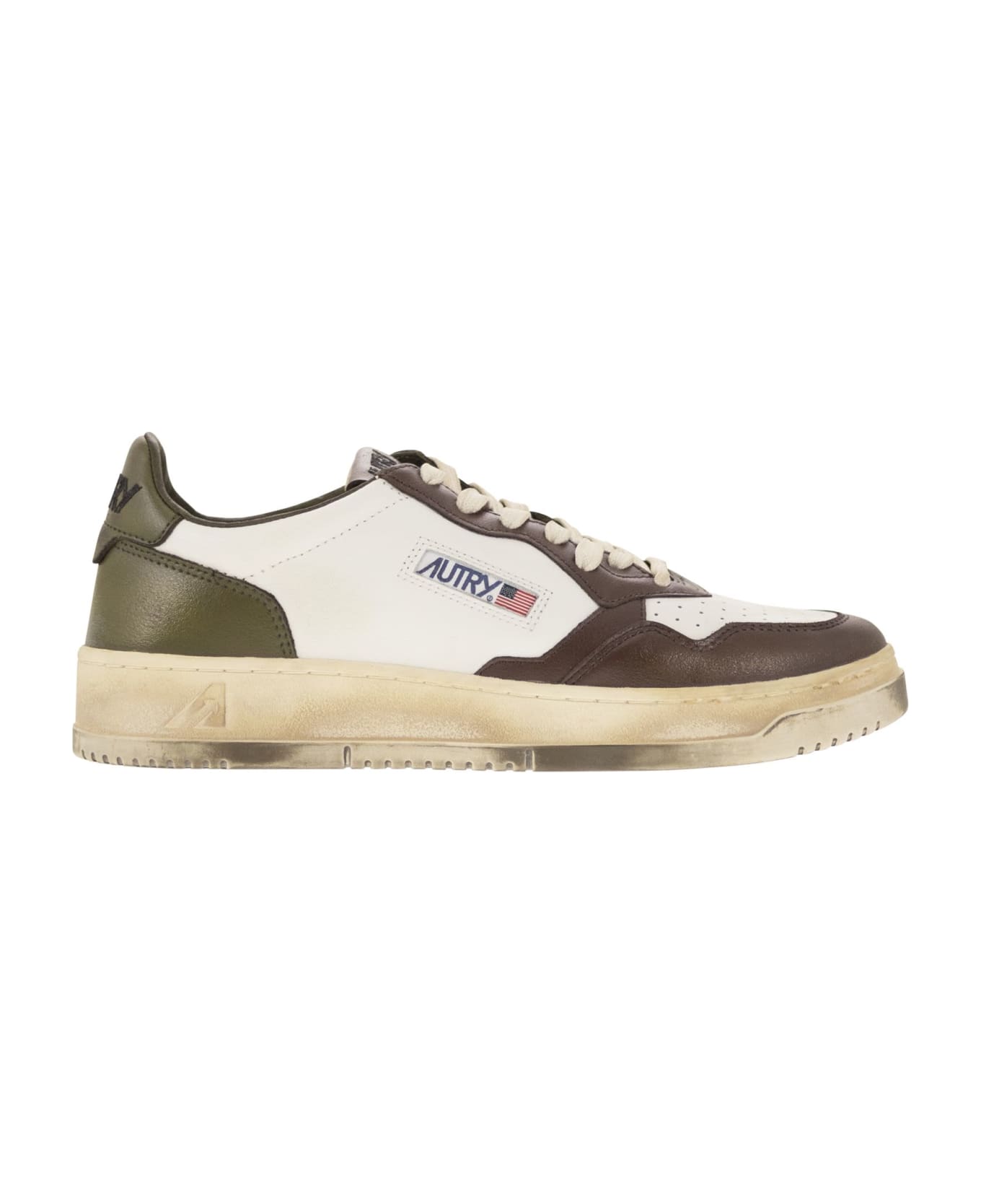 Autry Medalist Low Super Vintage Sneakers In White/military/brown Leather - White/brown/green