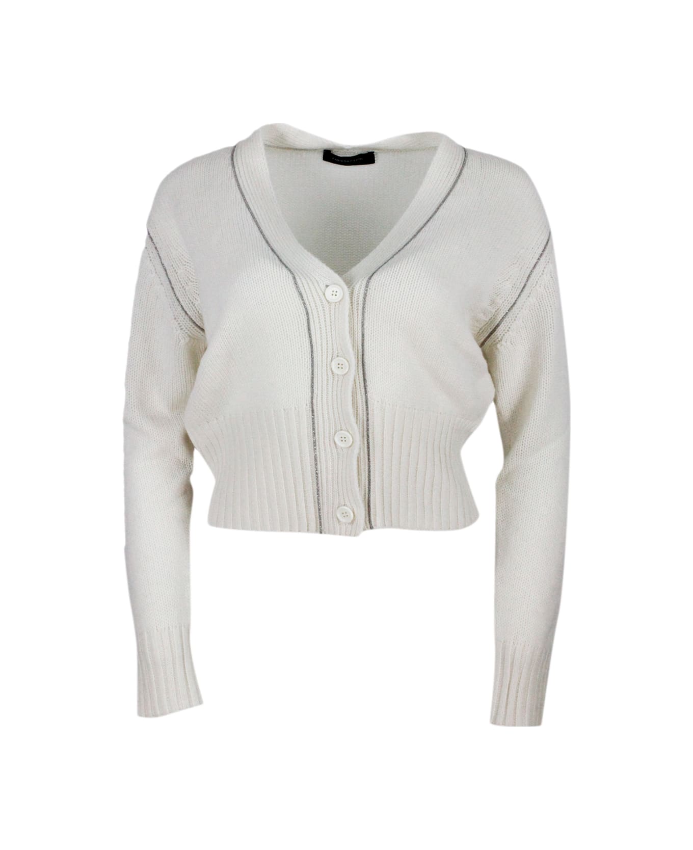 Fabiana Filippi Long-sleeved Cashmere Cardigan Sweater With Button Closure And Embellished With Rows Of Monili On The Front - cream