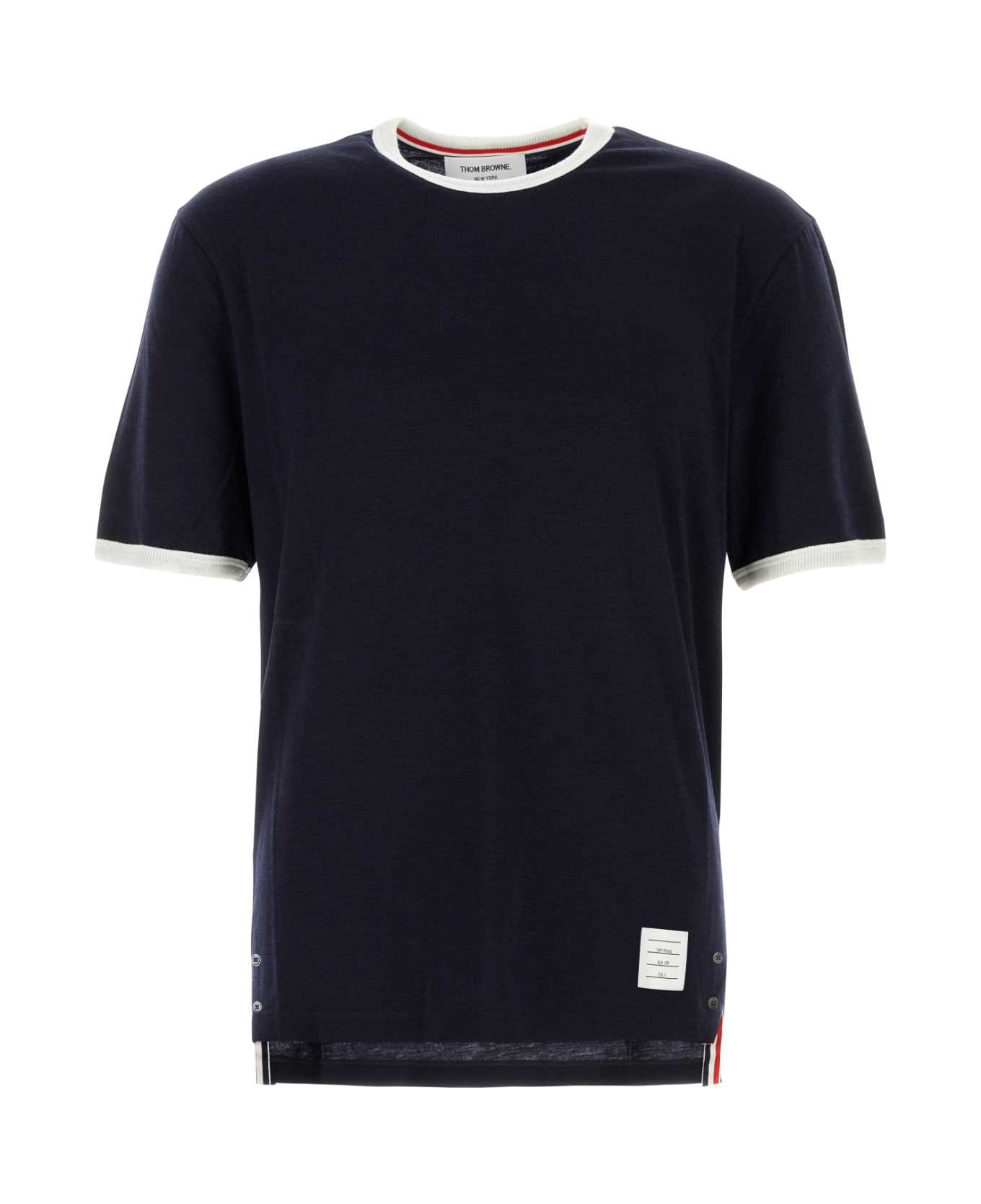 Thom Browne Navy Blue Stretch Wool T-shirt - NAVY