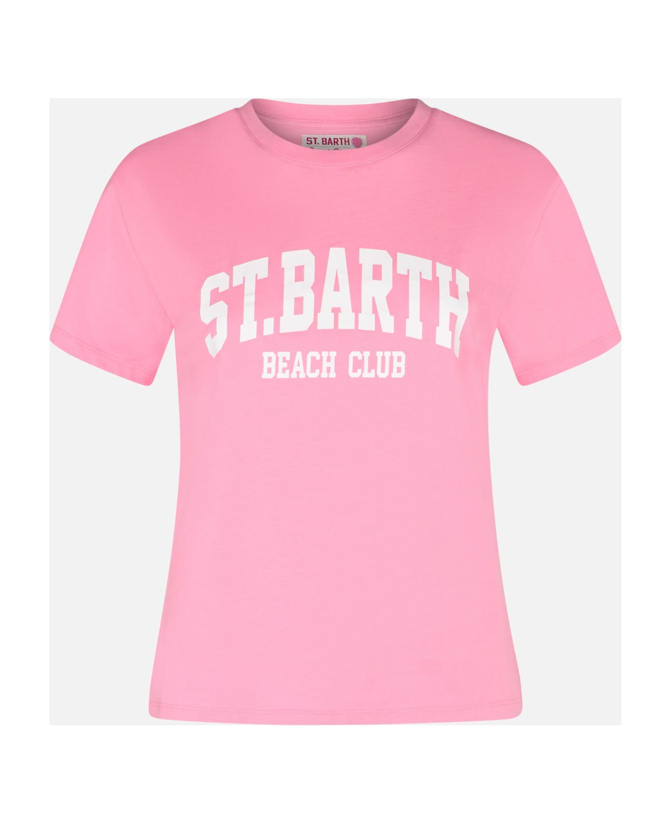 MC2 Saint Barth Woman Cotton Jersey Crewneck T-shirt Emilie With Saint Barth Beach Club Print - PINK