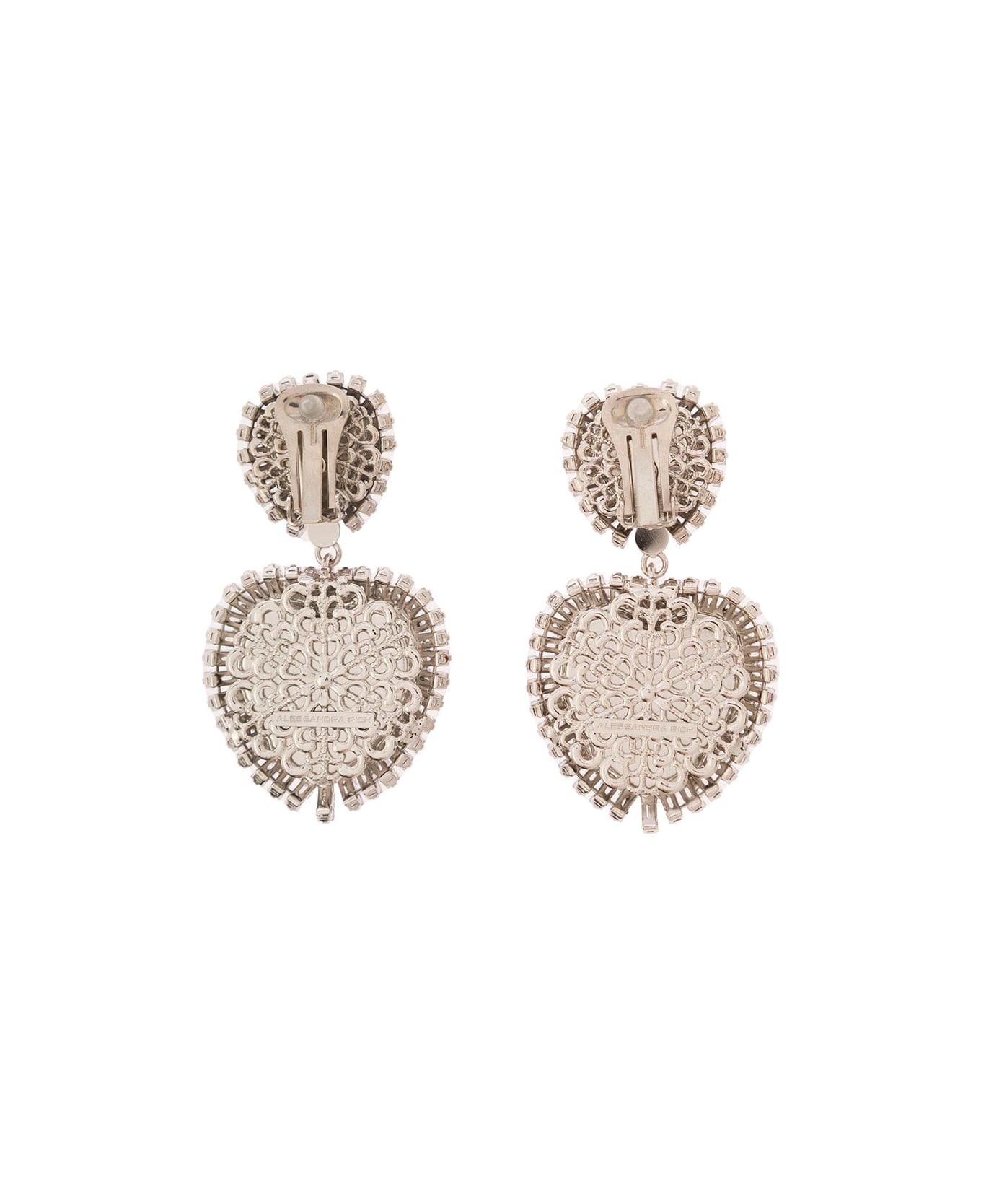 Alessandra Rich Silver-colored Heart-shaped Clip-on Earrings With Crystal Embellishment In Hypoallergenic Brass Woman - Metallic