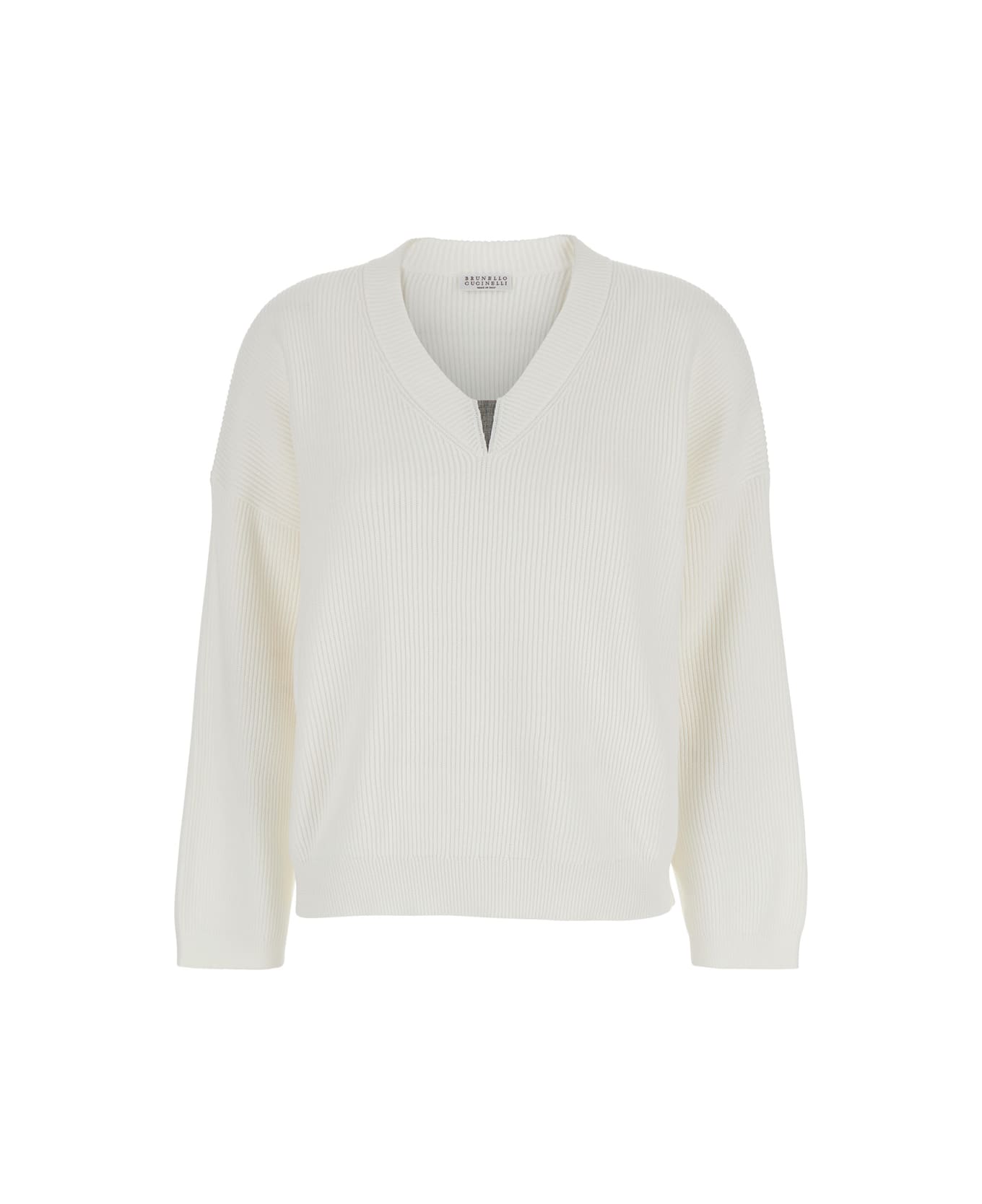 Brunello Cucinelli White Sweater With V Neck And Monile Detail On The Front In Cotton Woman - White