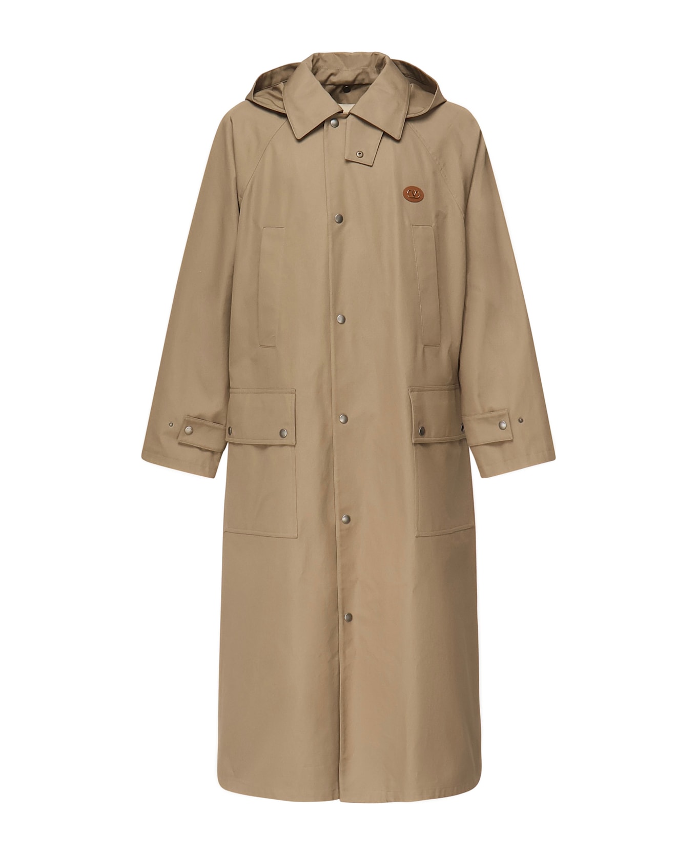 Valentino Garavani Hooded Trench Coat With Logo - Beige