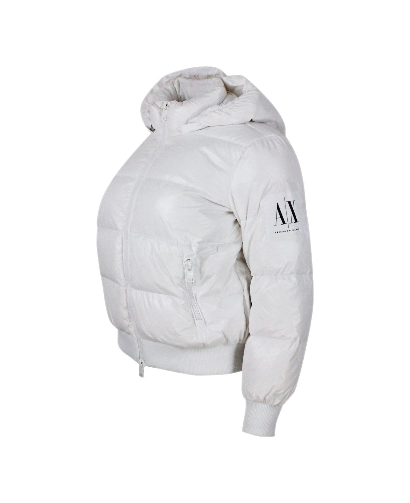 Armani Exchange Hooded Zipped Puffer Jacket - White