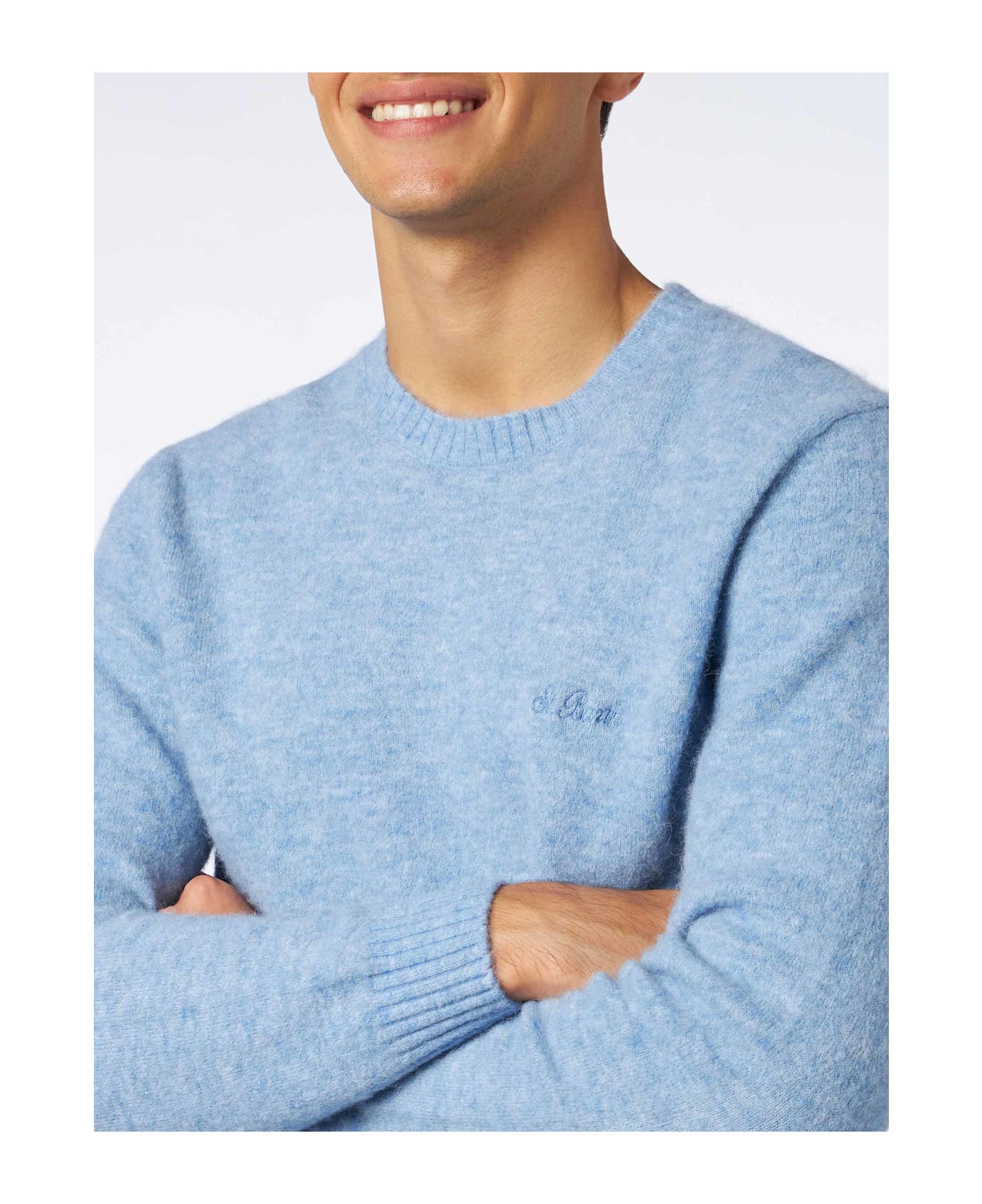 MC2 Saint Barth Man Light Blue Stretch Wool Sweater With St. Barth Embroidery - SKY