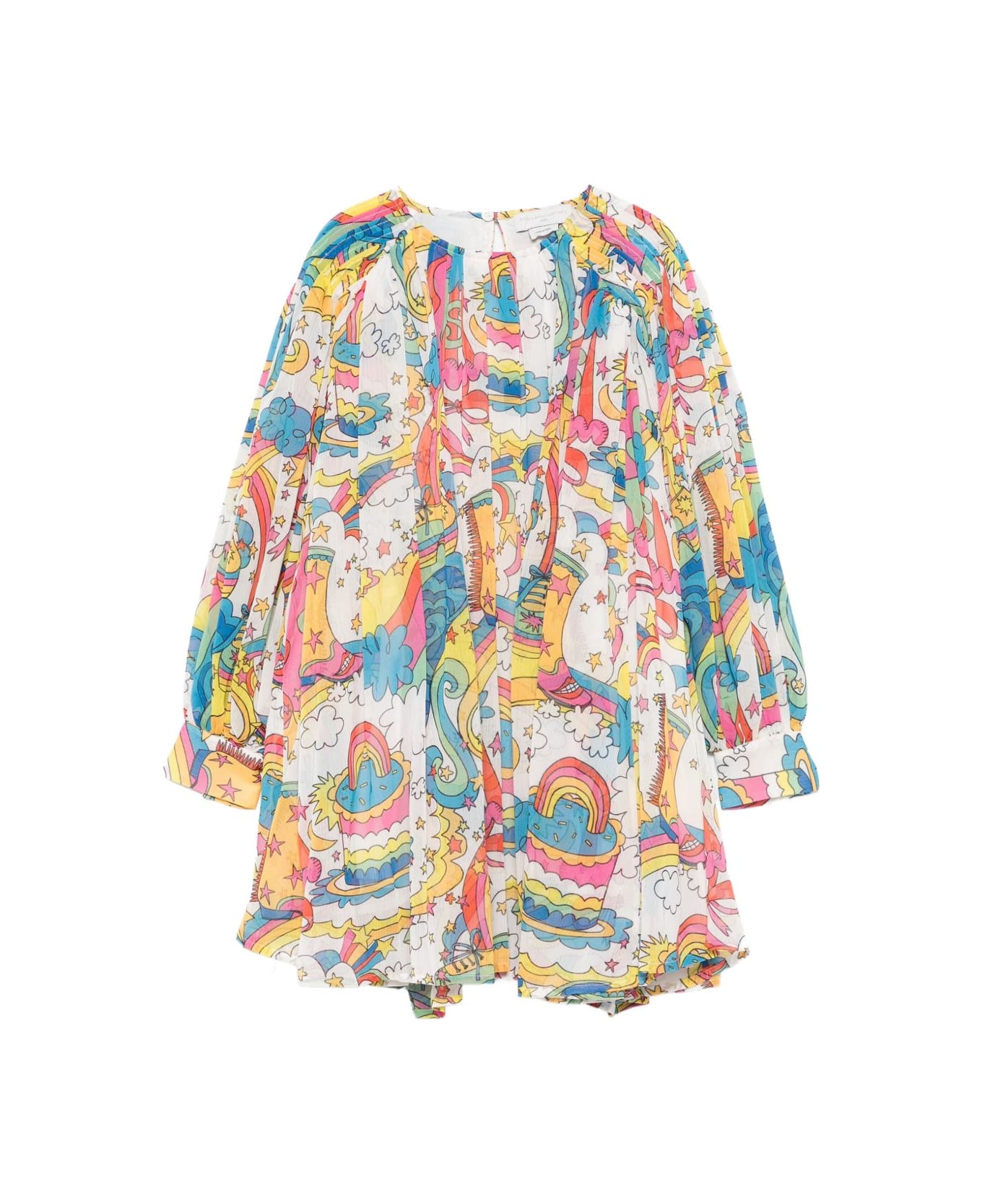 Stella McCartney Kids White Rainbow Print Long-sleeved Crew Neck Dress - MultiColour