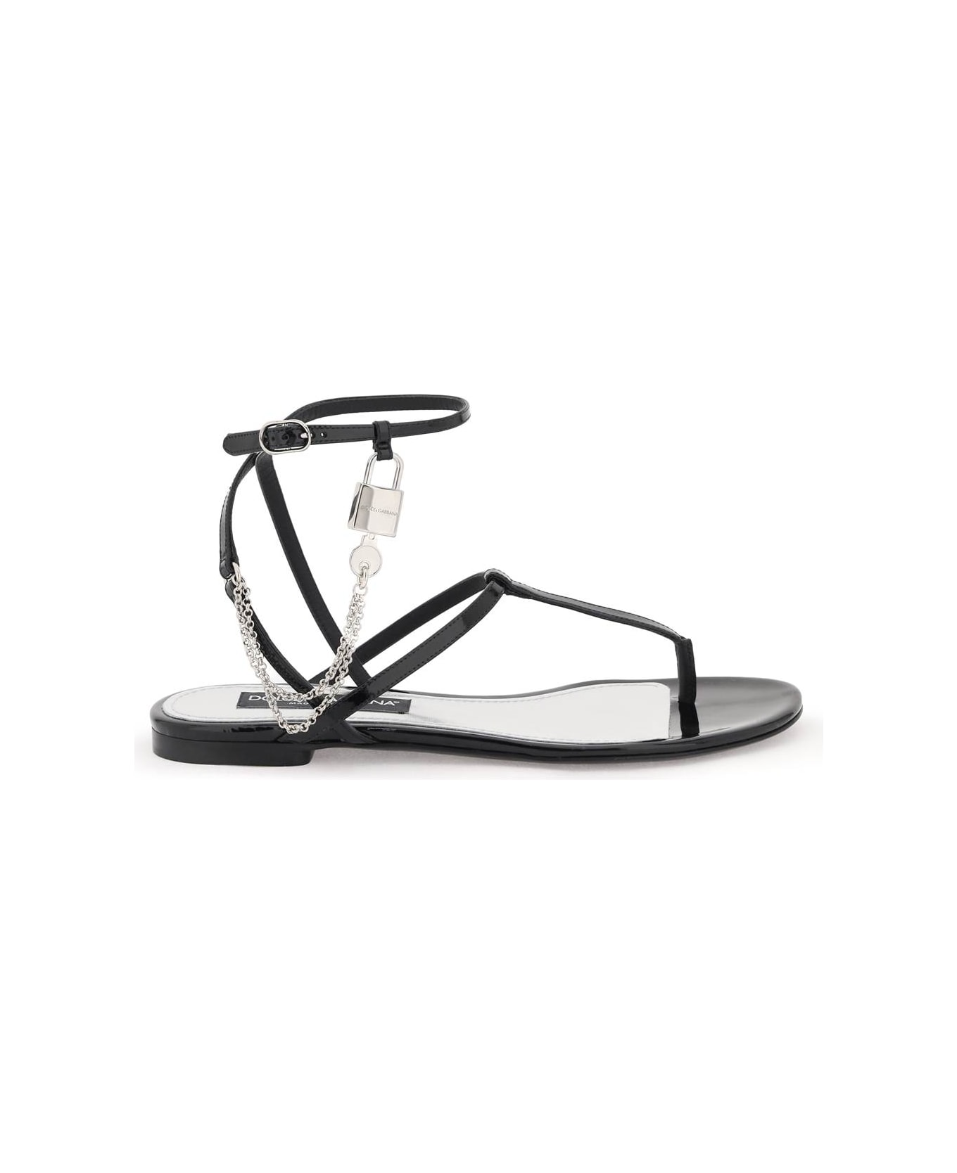 Dolce & Gabbana Patent Leather Thong Sandals With Padlock - NERO (Black)