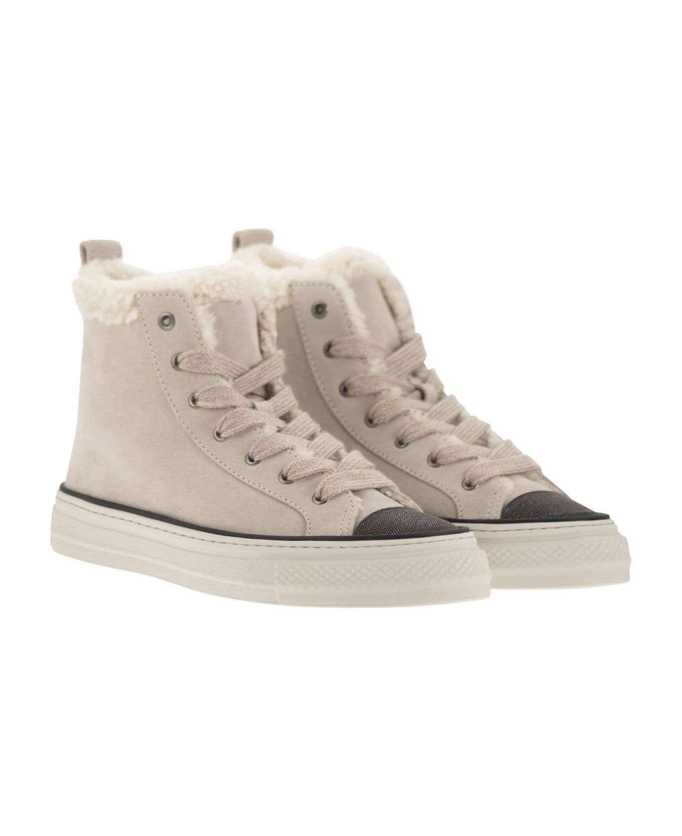 Brunello Cucinelli Suede Trainers With Shearling Lining And Jewelled Toe Cap - Ivory