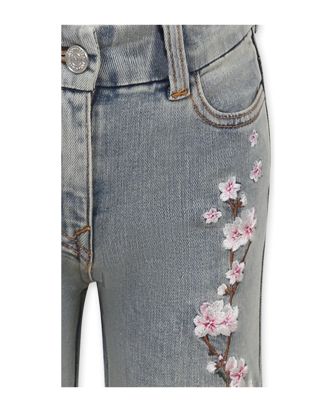 Monnalisa Gray Jeans For Girl With Cherry Blossoms - Grey