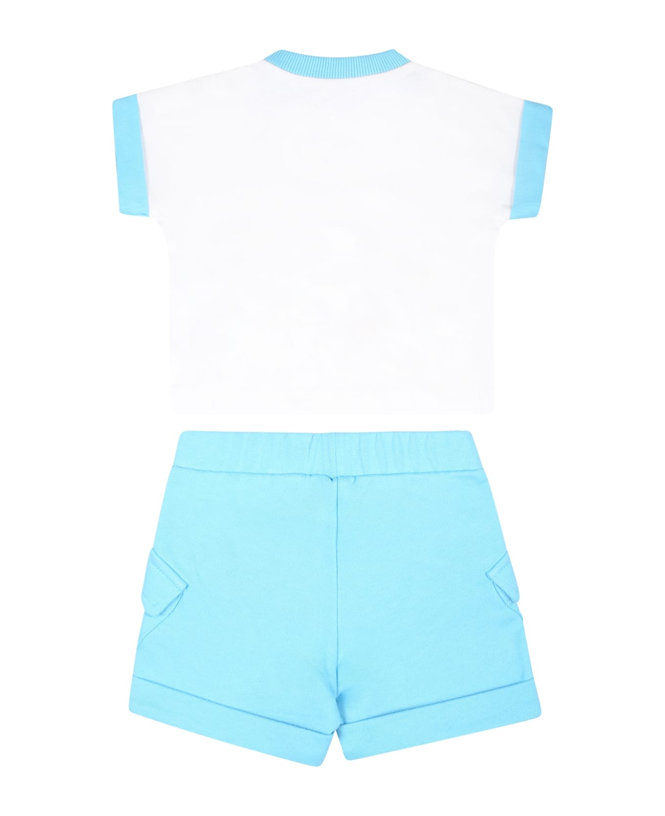 Moschino Light Blue Suit For Baby Boy With Teddy Bear - White ボトムス