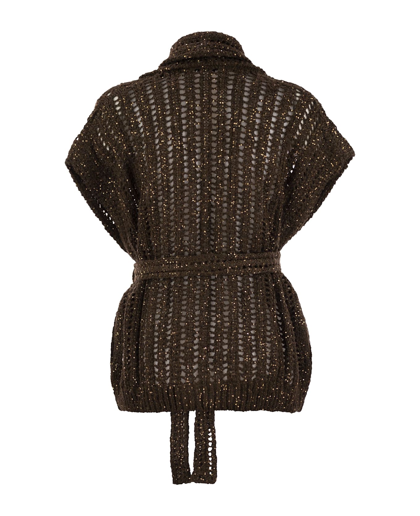 Brunello Cucinelli Dazzling Silk And Linen Perforated Rib Cardigan - Brown