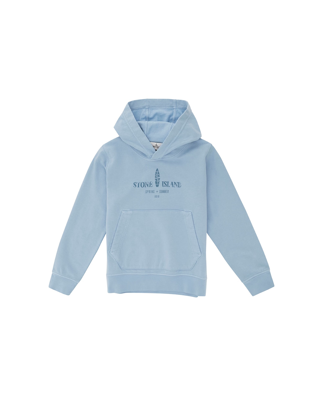 Stone Island Junior Light Blue Hoodie With Logo Print In Cotton Boy - Blu ニットウェア＆スウェットシャツ