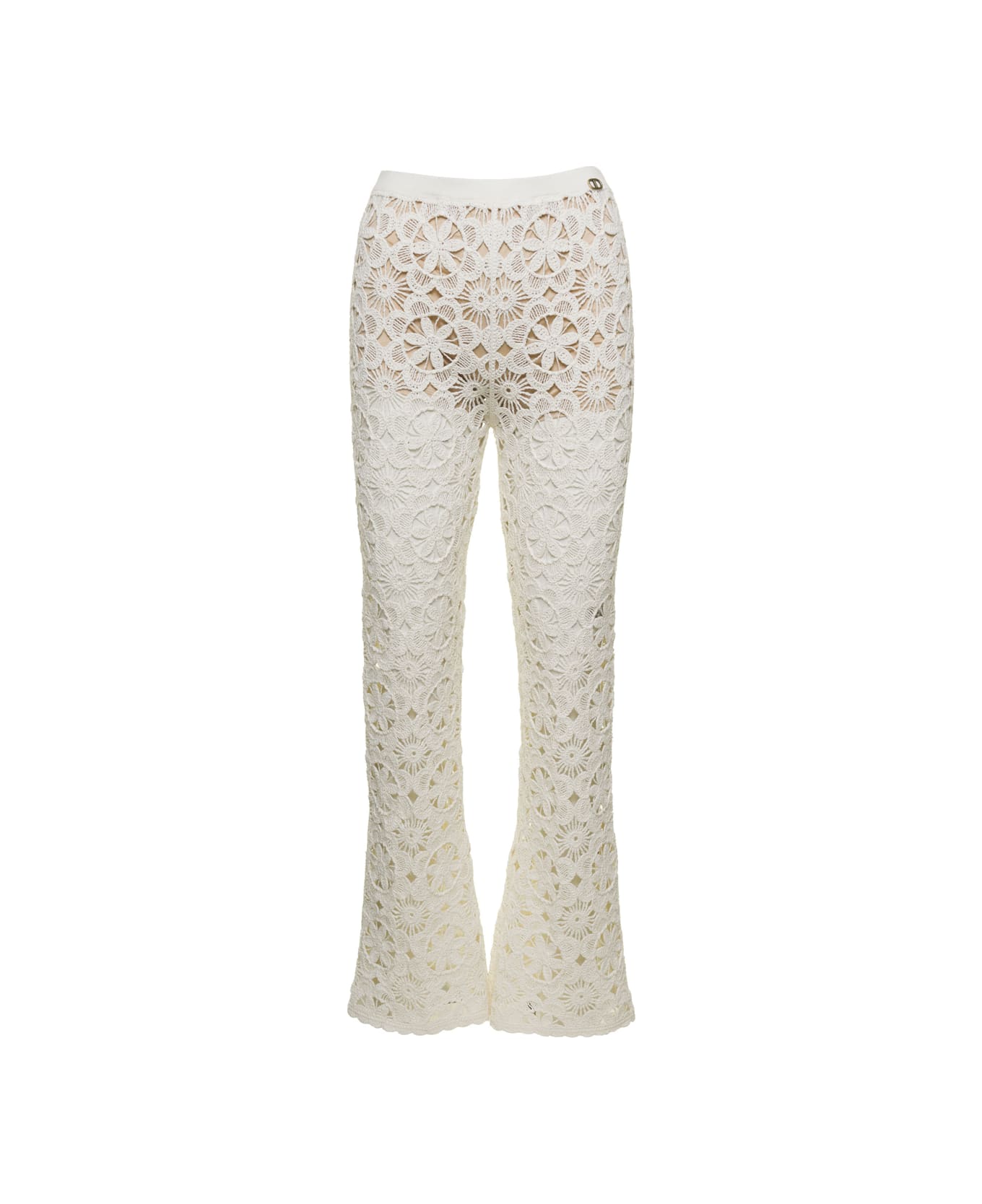 TwinSet White Flared Pants With Crochet Work In Cotton Woman - Beige