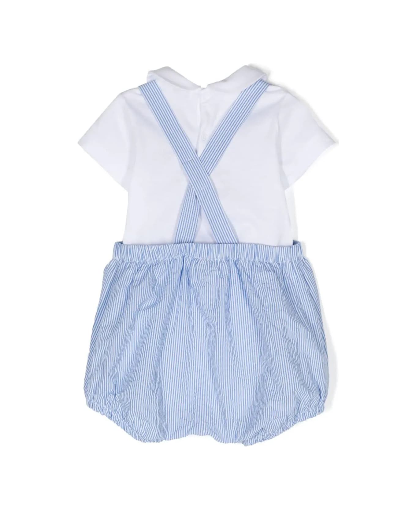 Il Gufo White And Light Blue Two Piece Set With Seersucker Dungarees - Blue ボディスーツ＆セットアップ