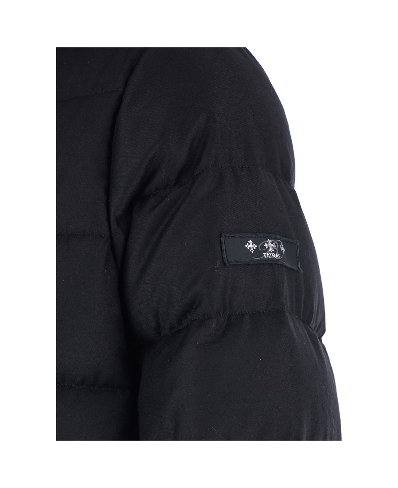 TATRAS 
domiziano
 Black Down Jacket With Fixed Hood And Logo Patch On The Sleeve In Tech Fabric Man - Black