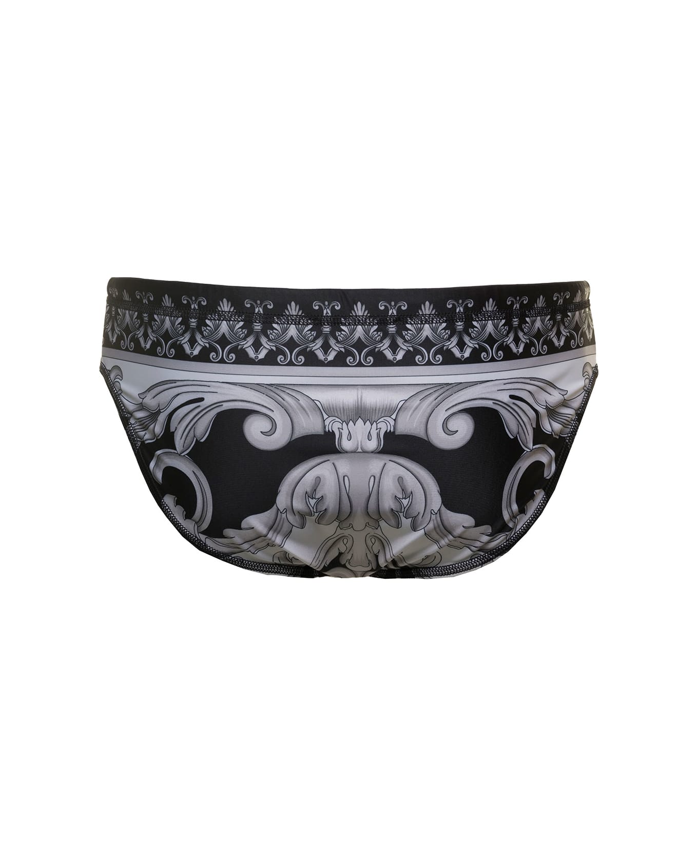 Versace Black And White Swim Briefs With All-over Barocco Print In Stretch Polyester Man - Multicolor