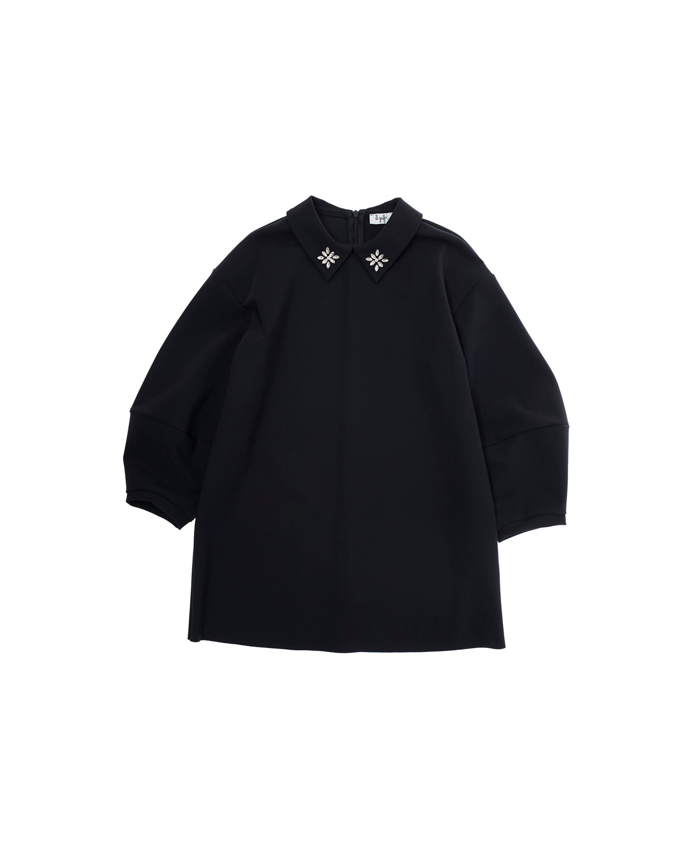 Il Gufo Black Dress With Beaded Collar And Rear Zip Closure In Tech Fabric Stretch Girl - Black