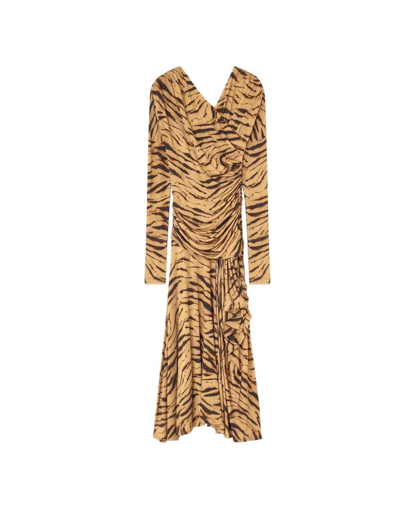 Ganni Printed Ruched Long Dress - BROWN